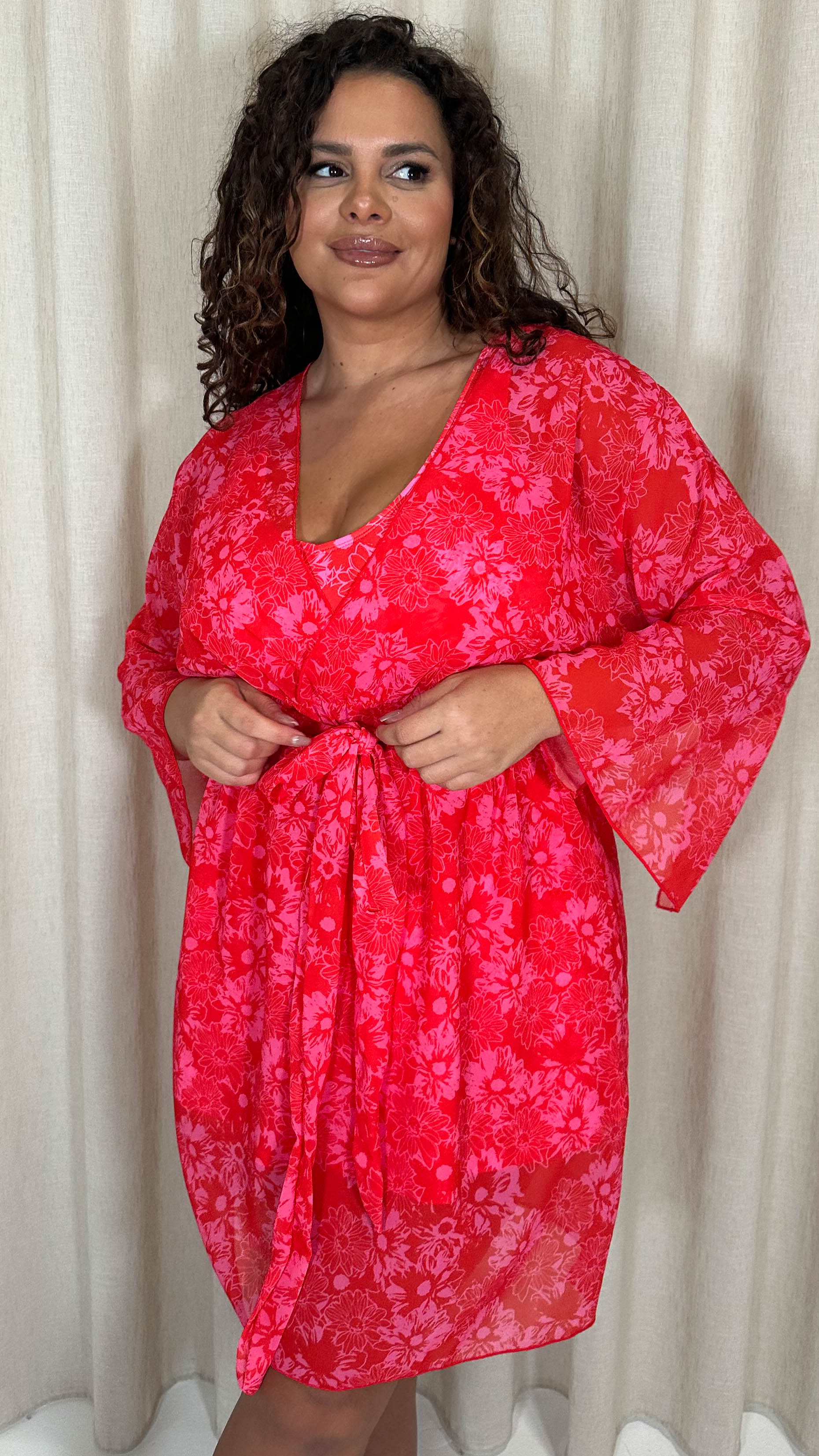 CurveWow Printed Mini Beach Kaftan Red Floral