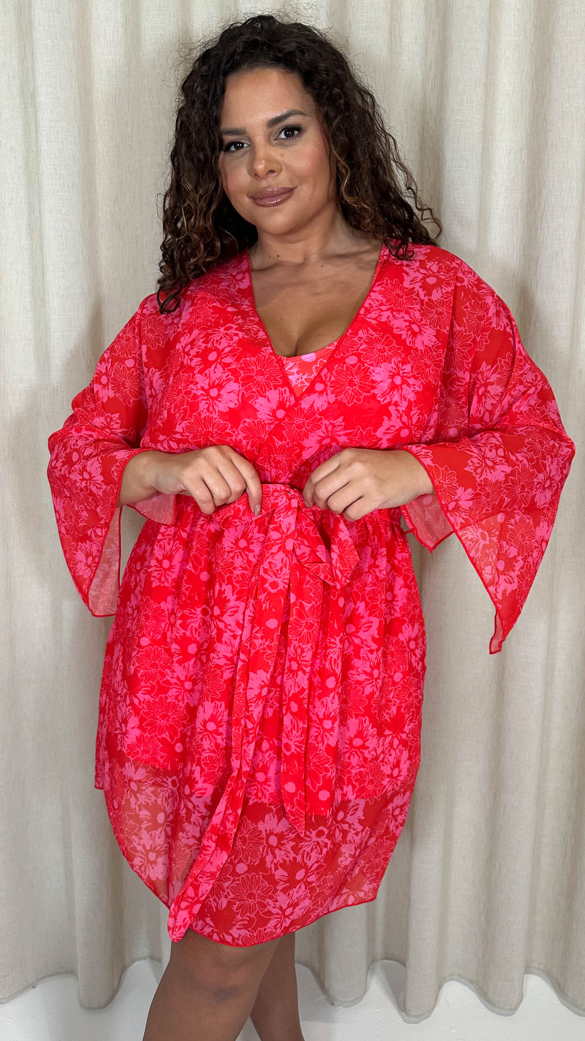 CurveWow Printed Mini Beach Kaftan Red Floral