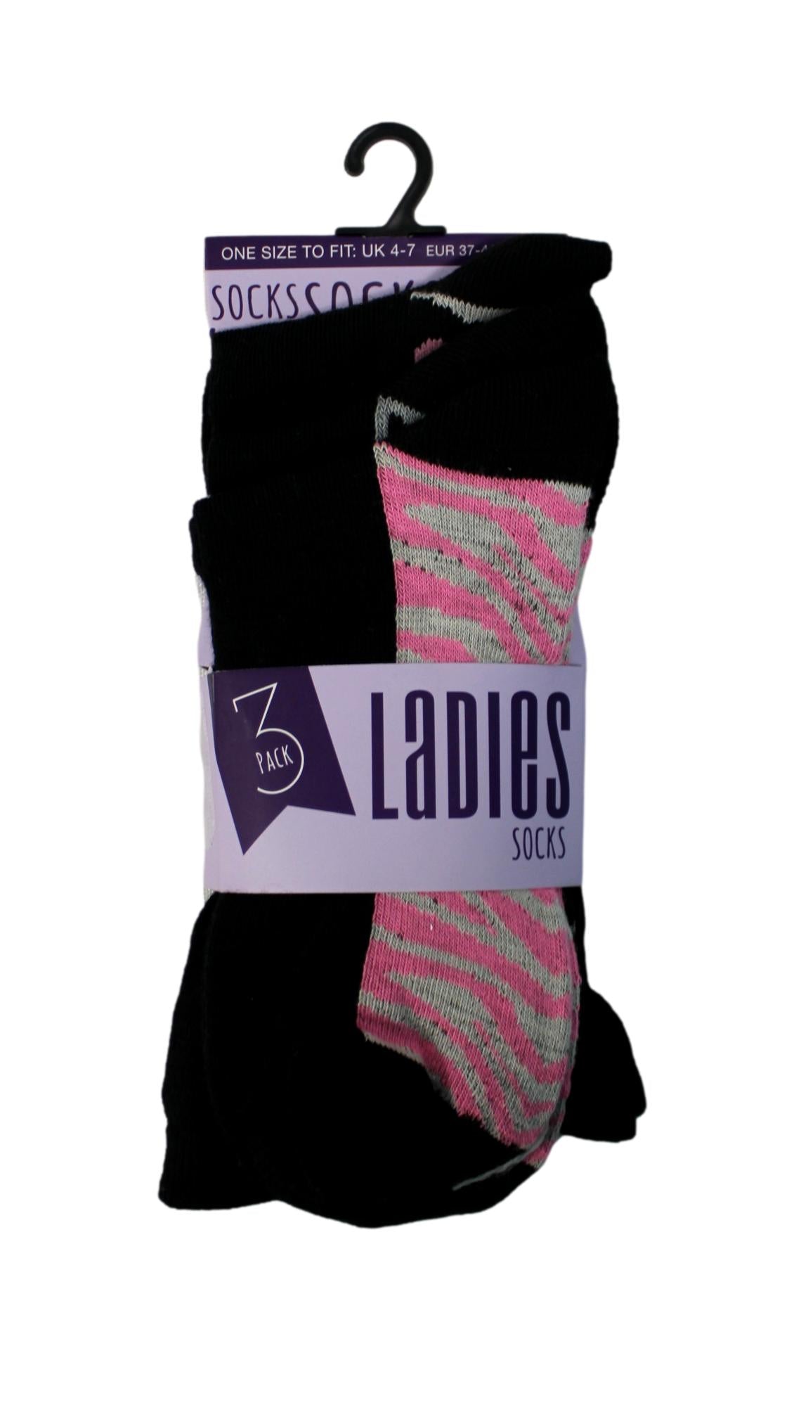 3 Pack Animal Print Socks Black Pink