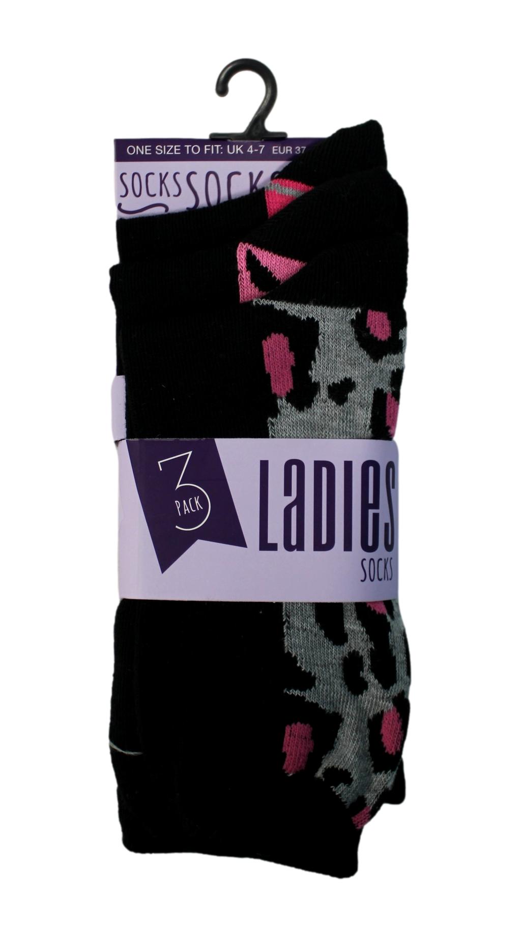 3 Pack Animal Print Socks Black Grey