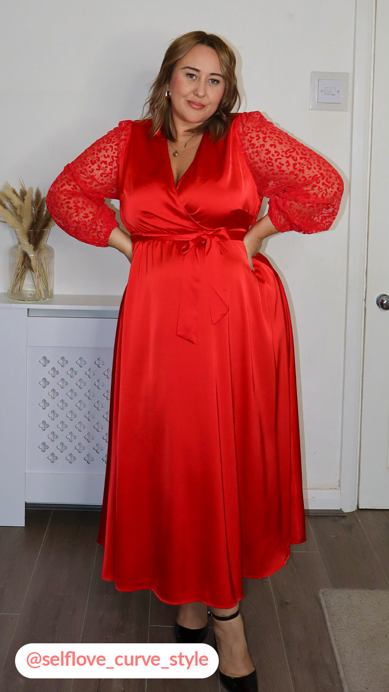 CurveWow Mesh Detail Wrap Midaxi Dress Red