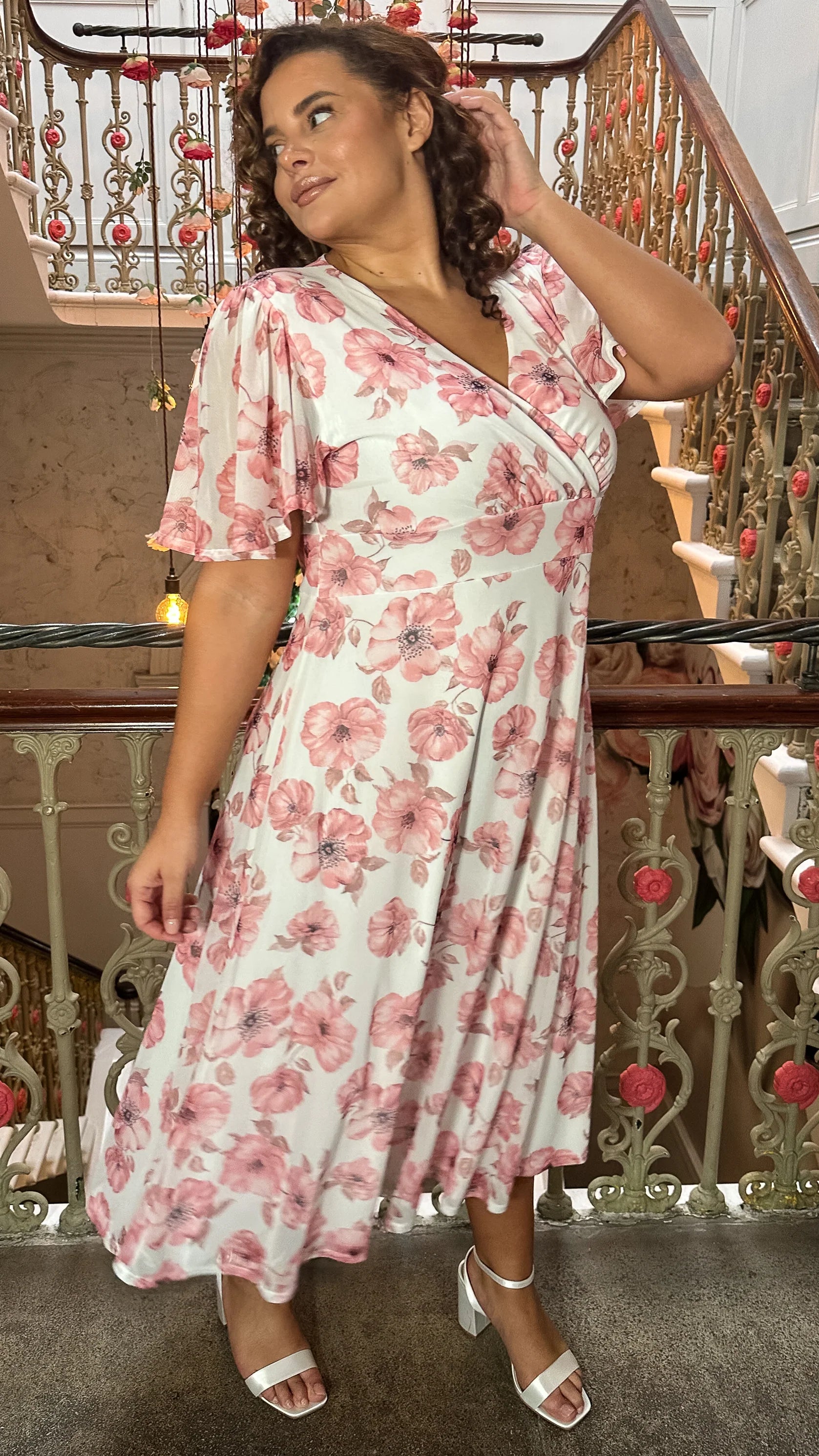 CurveWow Petite Mesh Angel Sleeve Dress Pink Floral