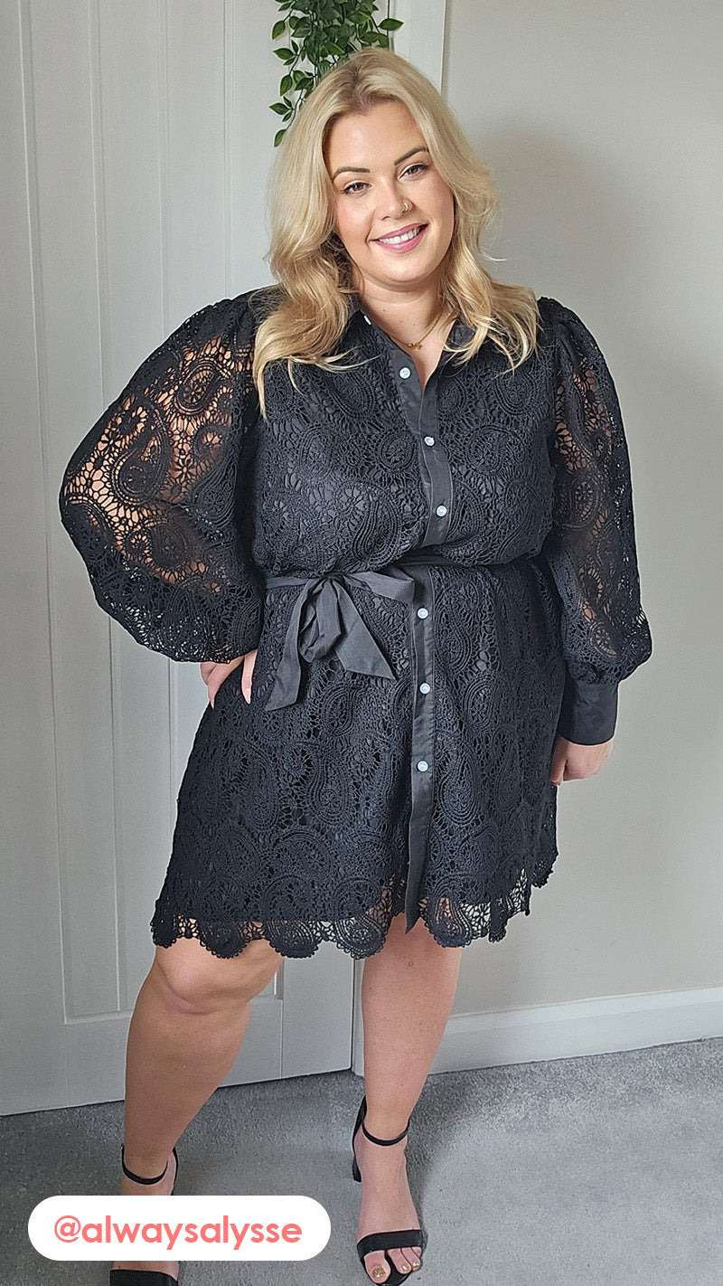 CurveWow Lace Tie Waist Shirt Dress Black