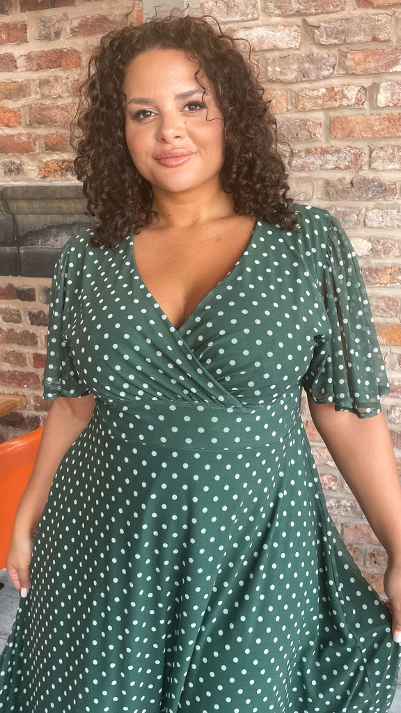 CurveWow Petite Mesh Angel Sleeve Dress Green Spot Curvewow CurveWow Petite Mesh Angel Sleeve Dress Green Spot Curvewow