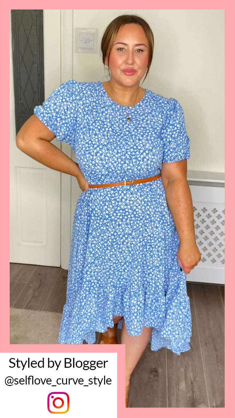 CurveWow Frill Dipped Hem Dress Blue Ditsy