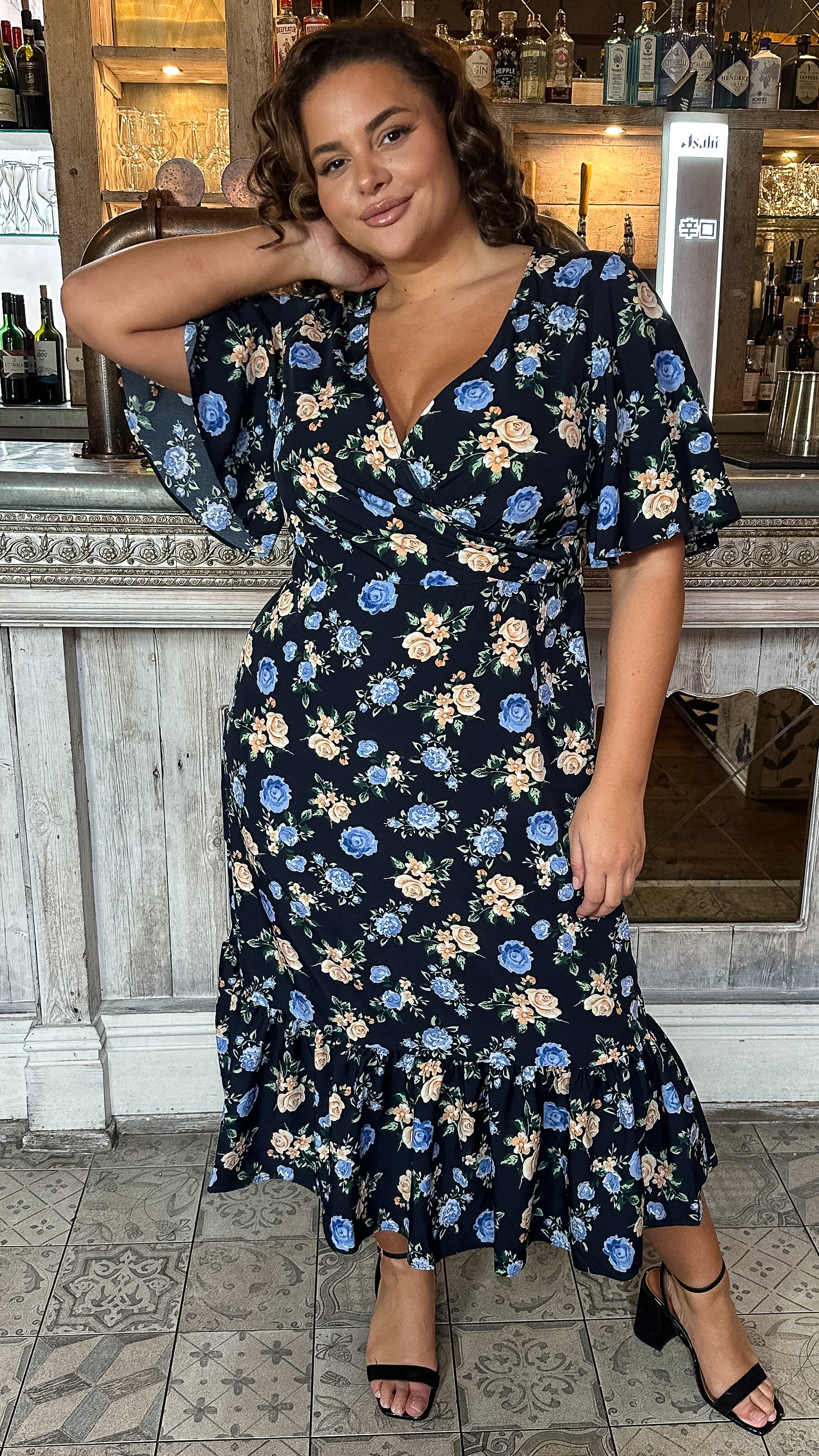 CurveWow Wrap Smock Midi Dress Blue Floral