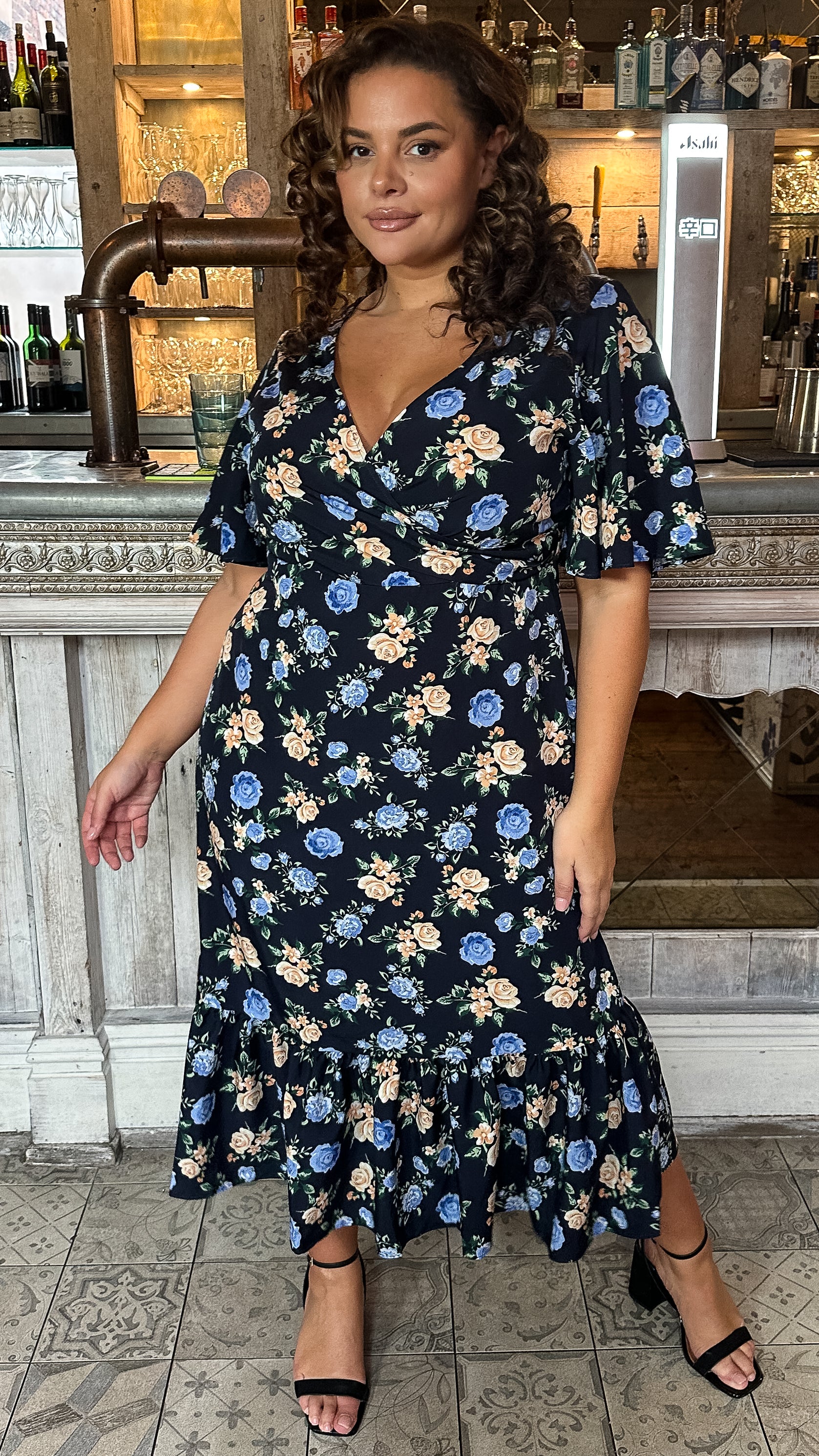 CurveWow Wrap Smock Midi Dress Blue Floral