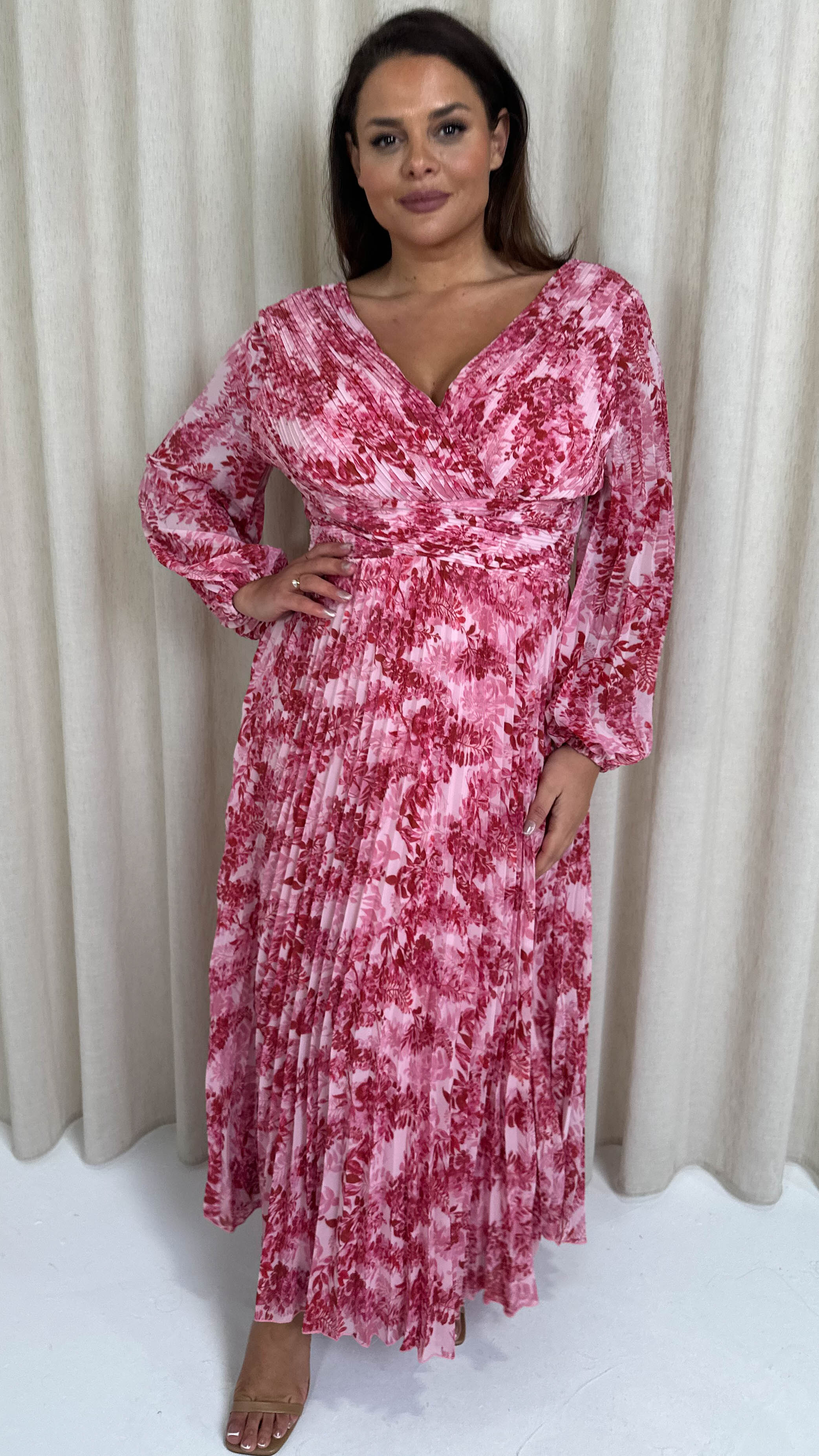 CurveWow Pleated Wrap Maxi Dress Pink/Red Floral