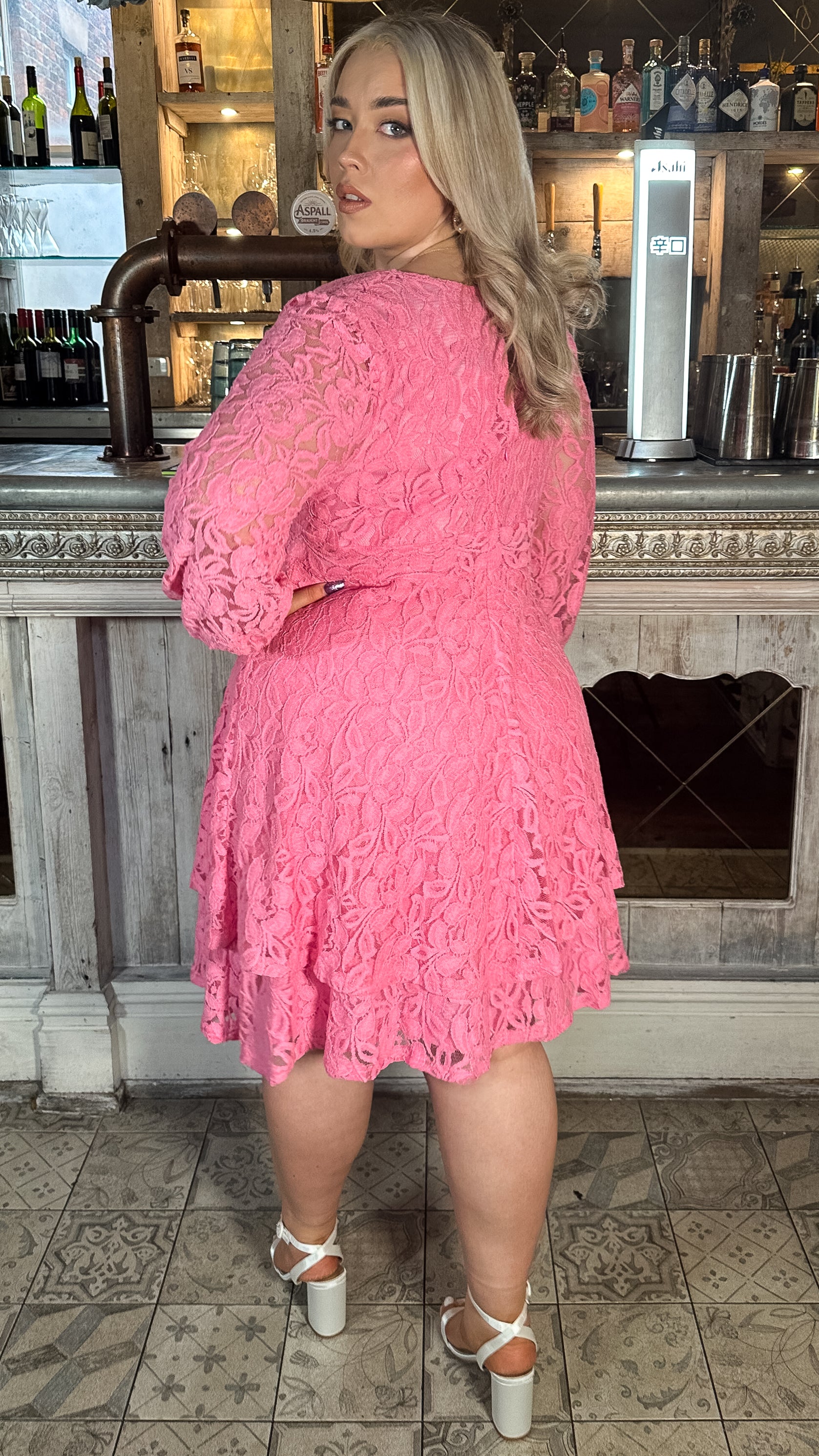 CurveWow Lace Plunge Ruffle Skater Dress Pink