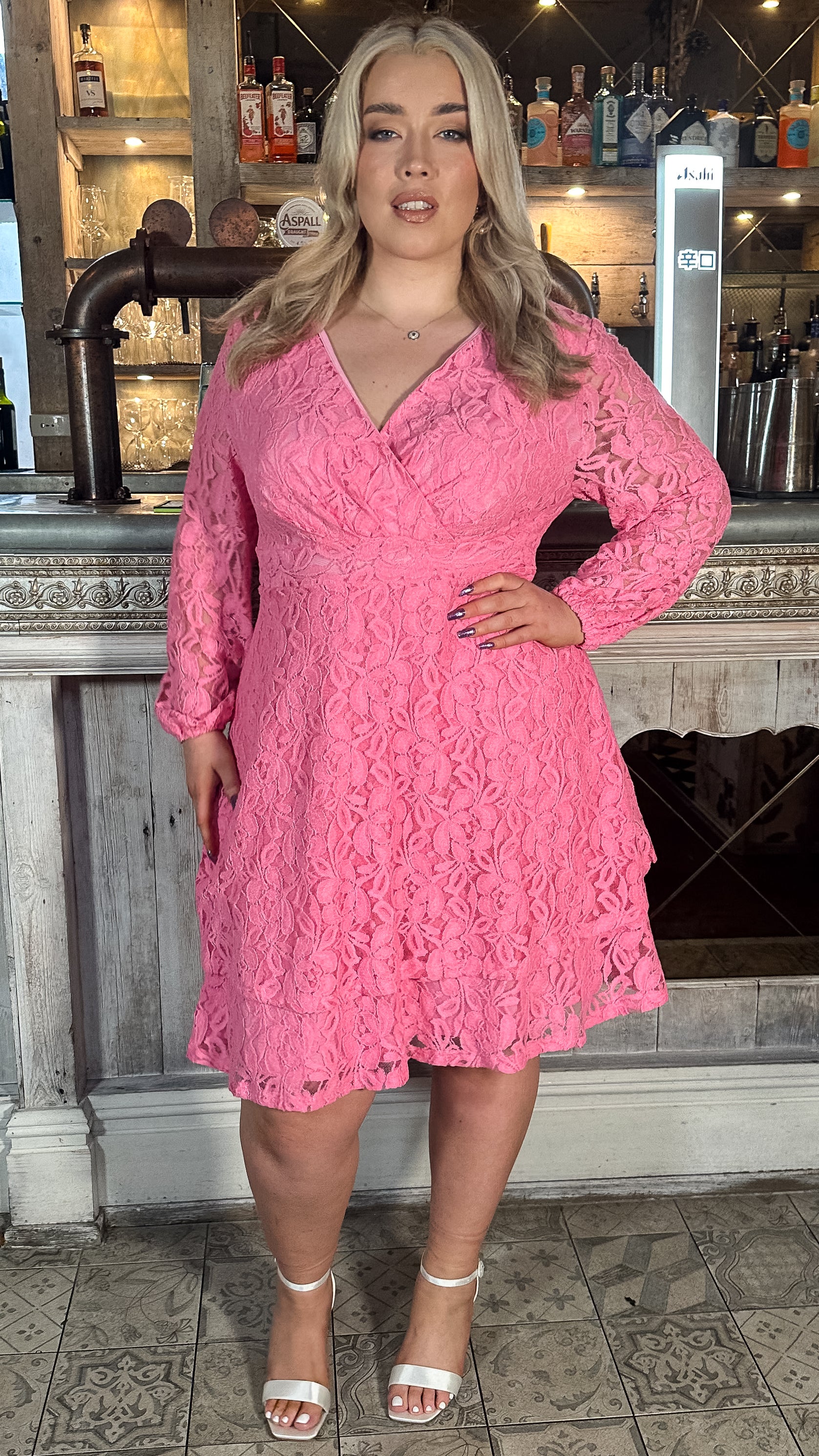 CurveWow Lace Plunge Ruffle Skater Dress Pink