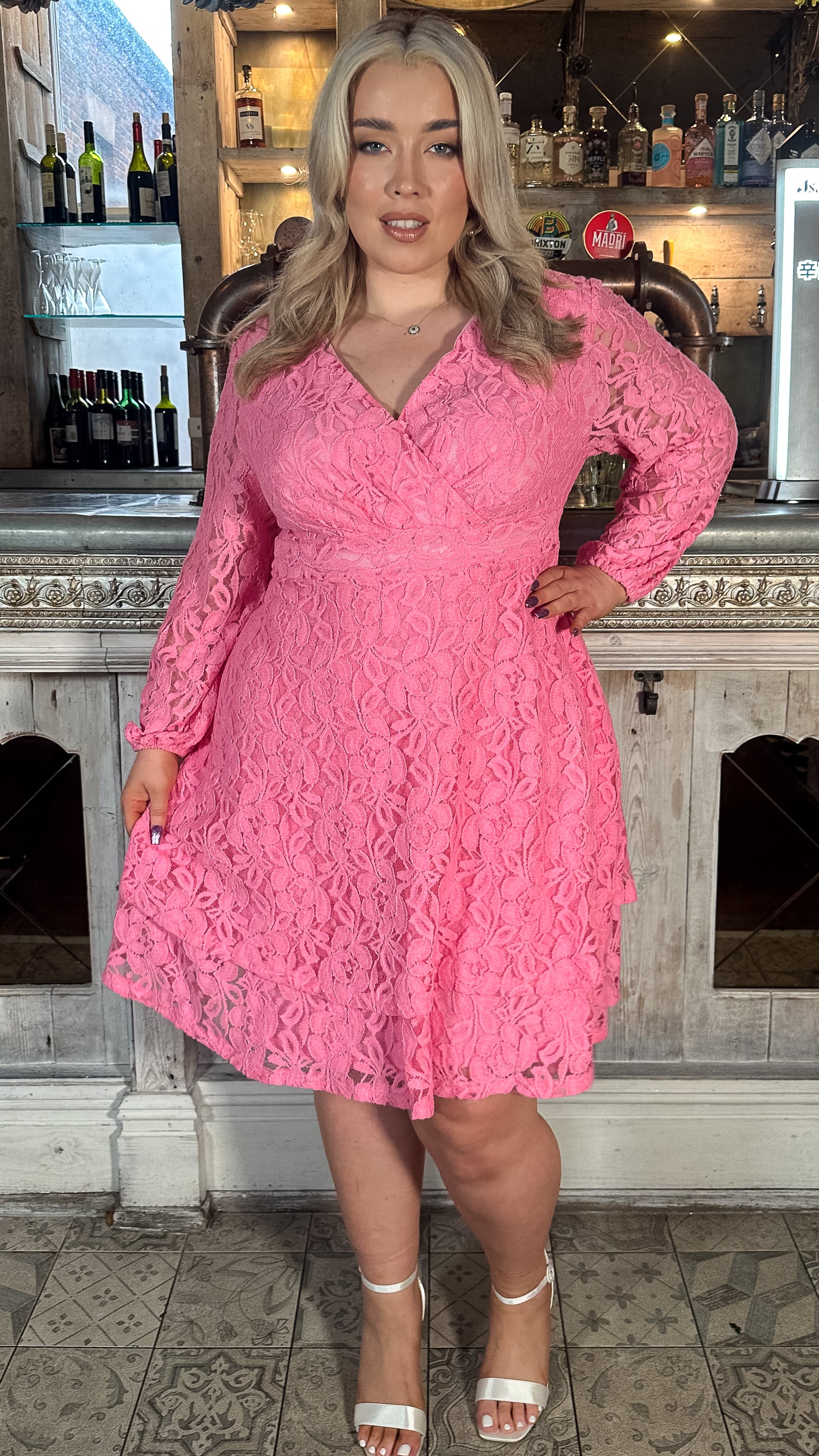 CurveWow Lace Plunge Ruffle Skater Dress Pink