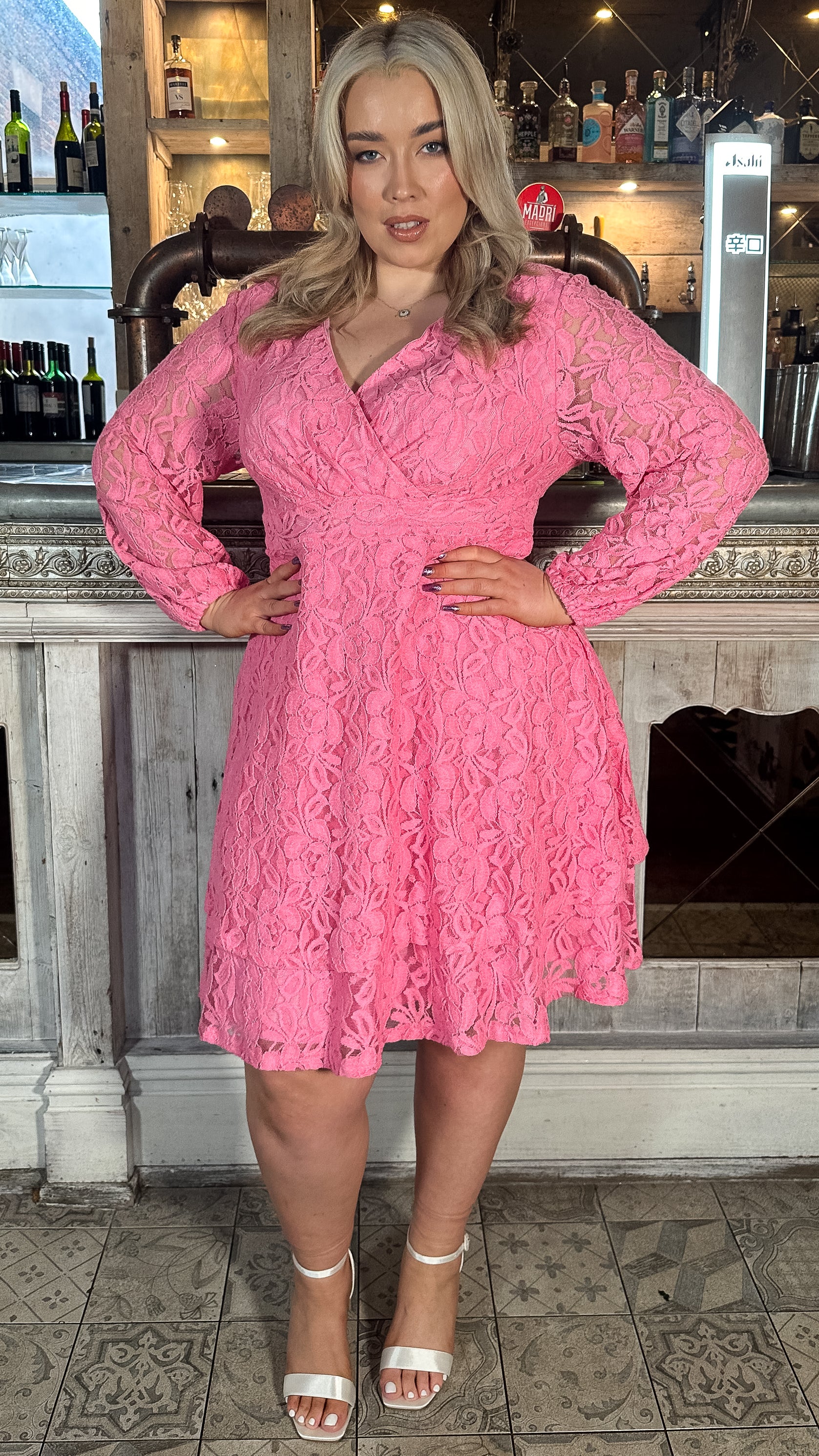 CurveWow Lace Plunge Ruffle Skater Dress Pink
