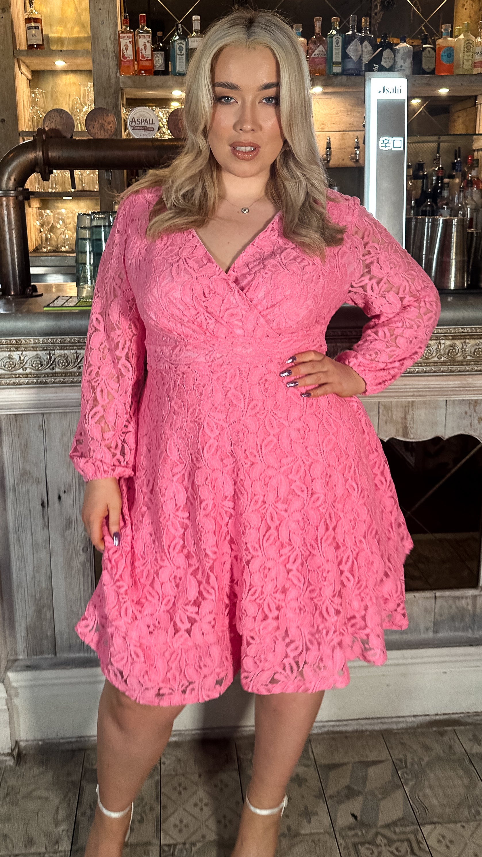 CurveWow Lace Plunge Ruffle Skater Dress Pink