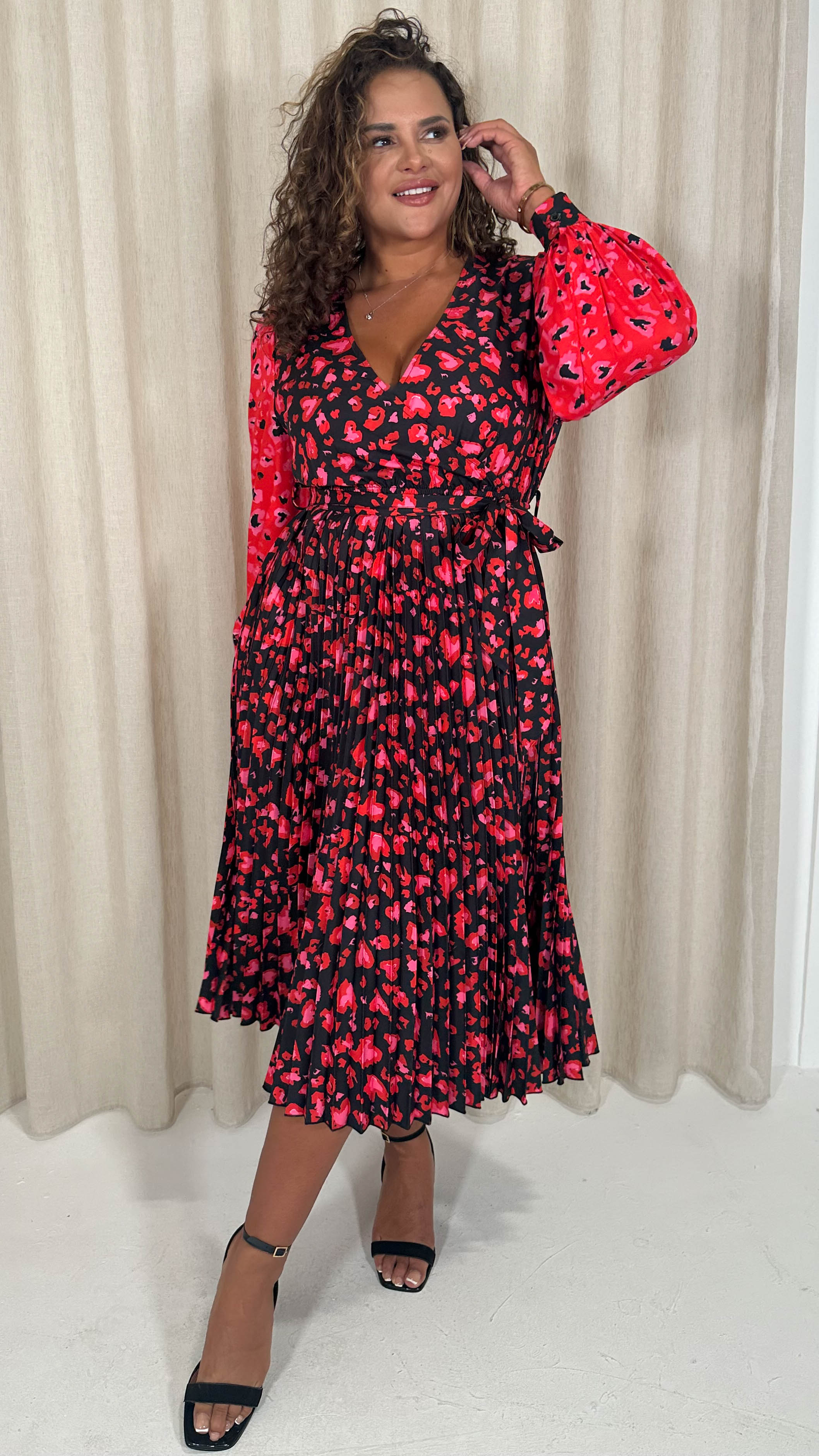 CurveWow Printed Pleated Midi Dress Red Animal Mix