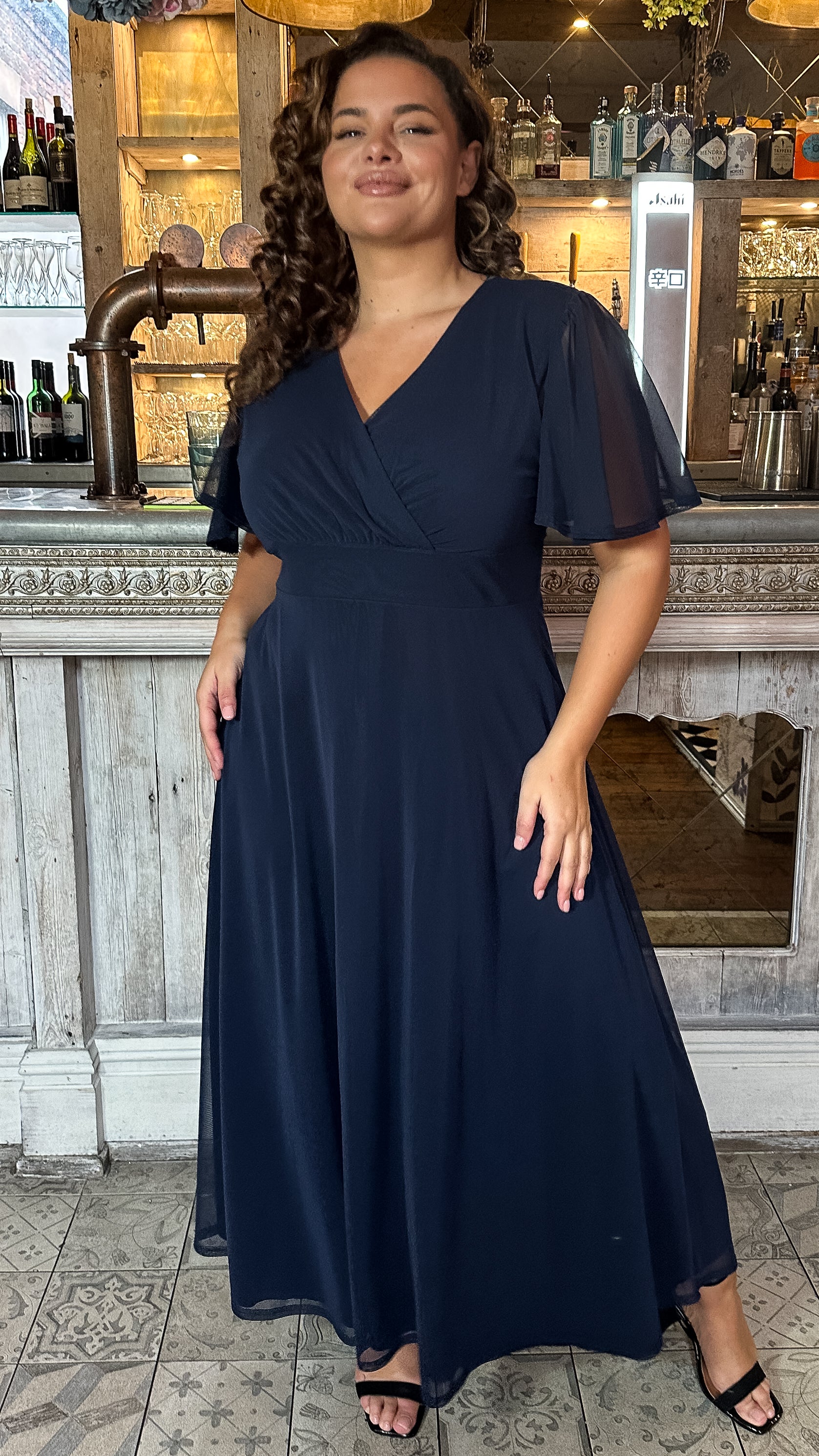 CurveWow Mesh Angel Sleeve Maxi Dress Navy