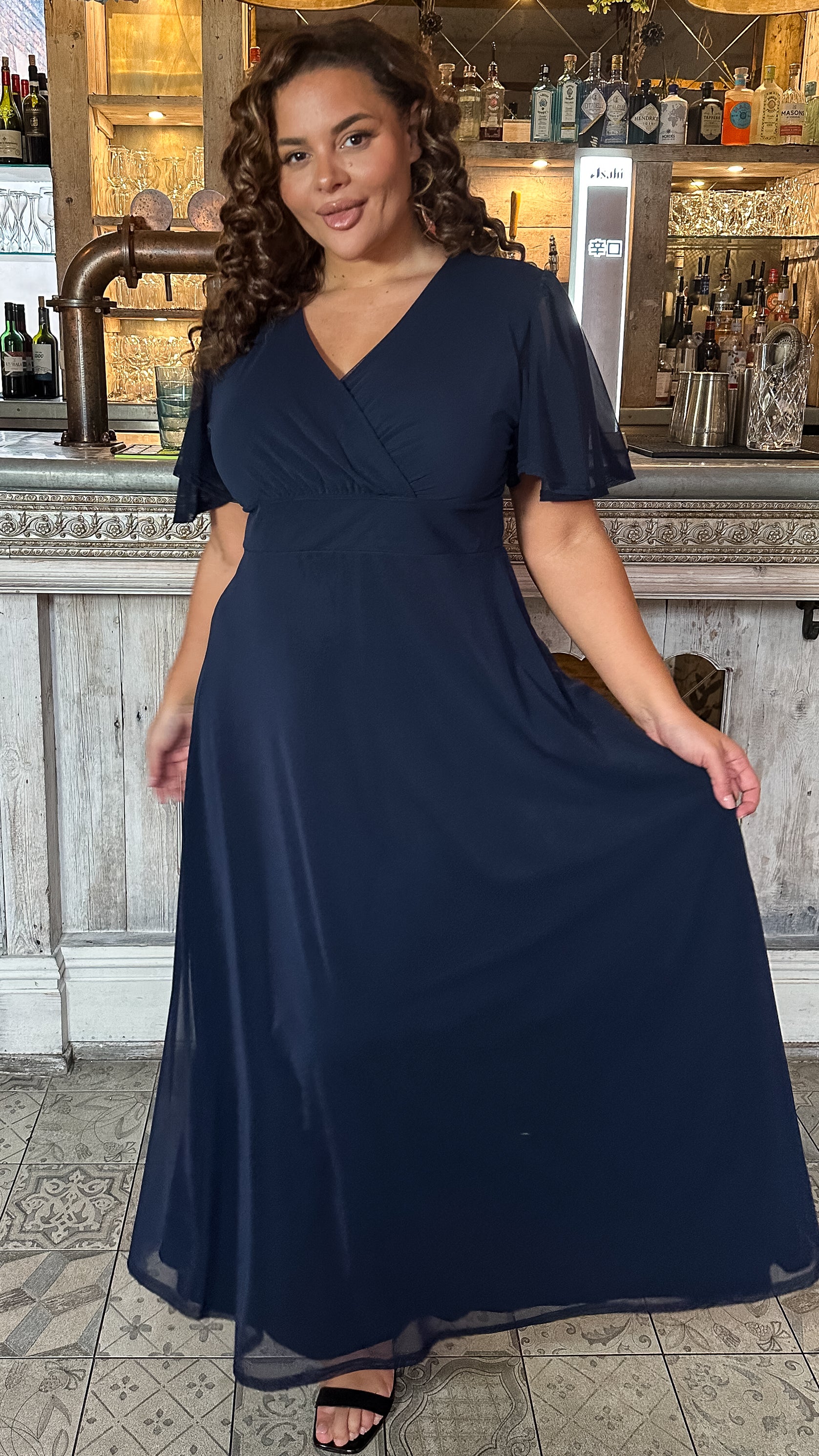 CurveWow Mesh Angel Sleeve Maxi Dress Navy