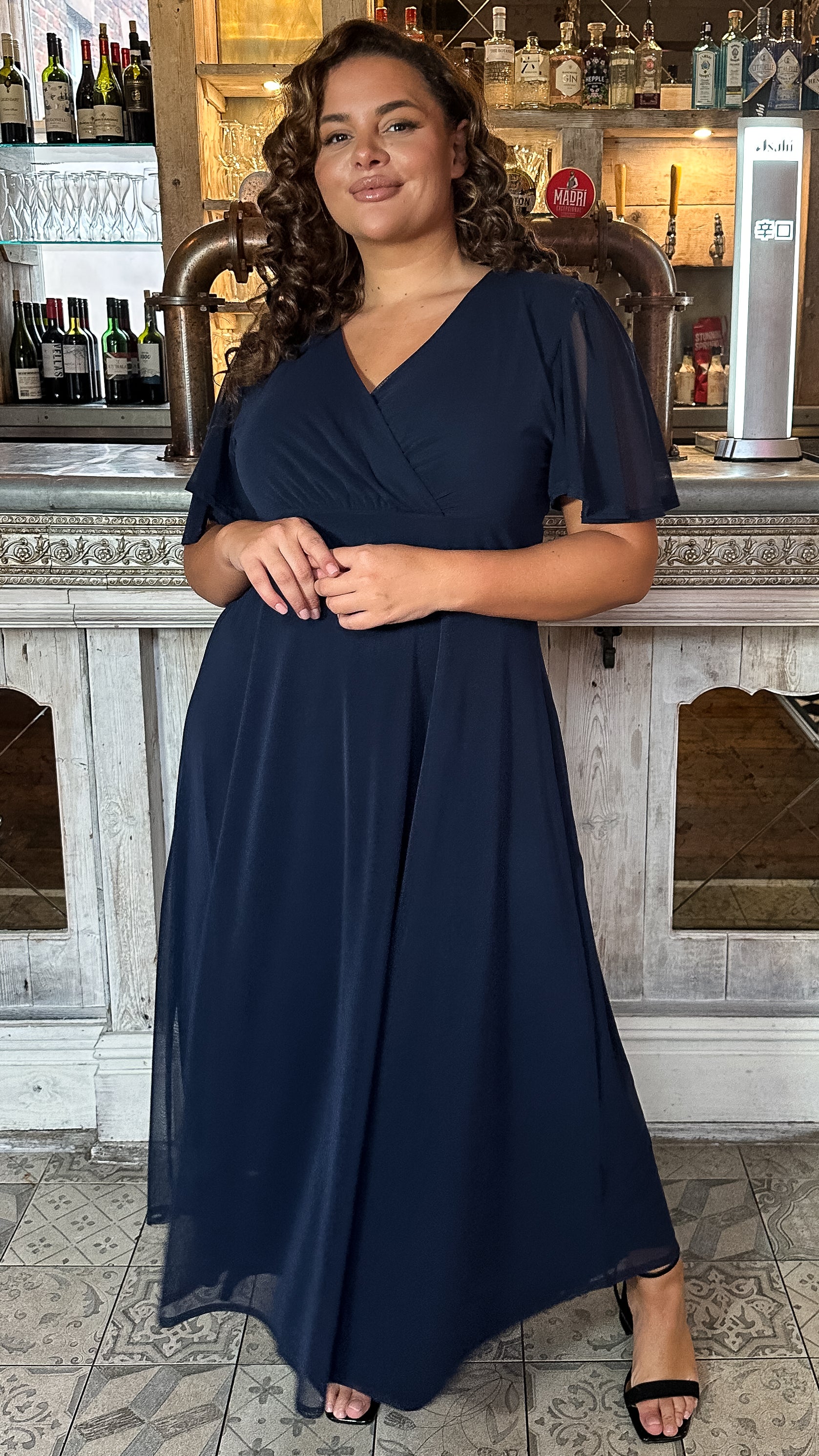 CurveWow Mesh Angel Sleeve Maxi Dress Navy