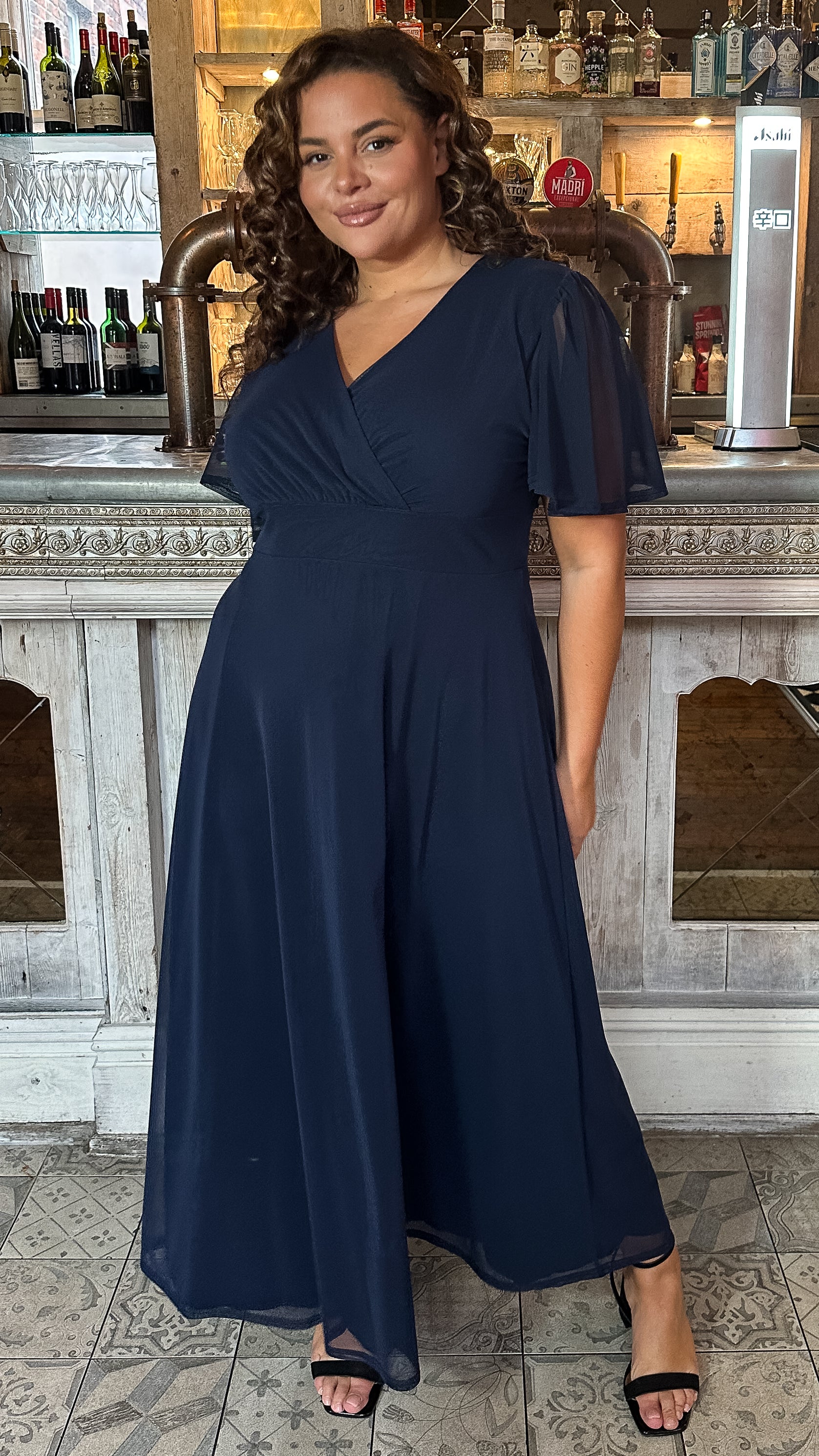 CurveWow Mesh Angel Sleeve Maxi Dress Navy