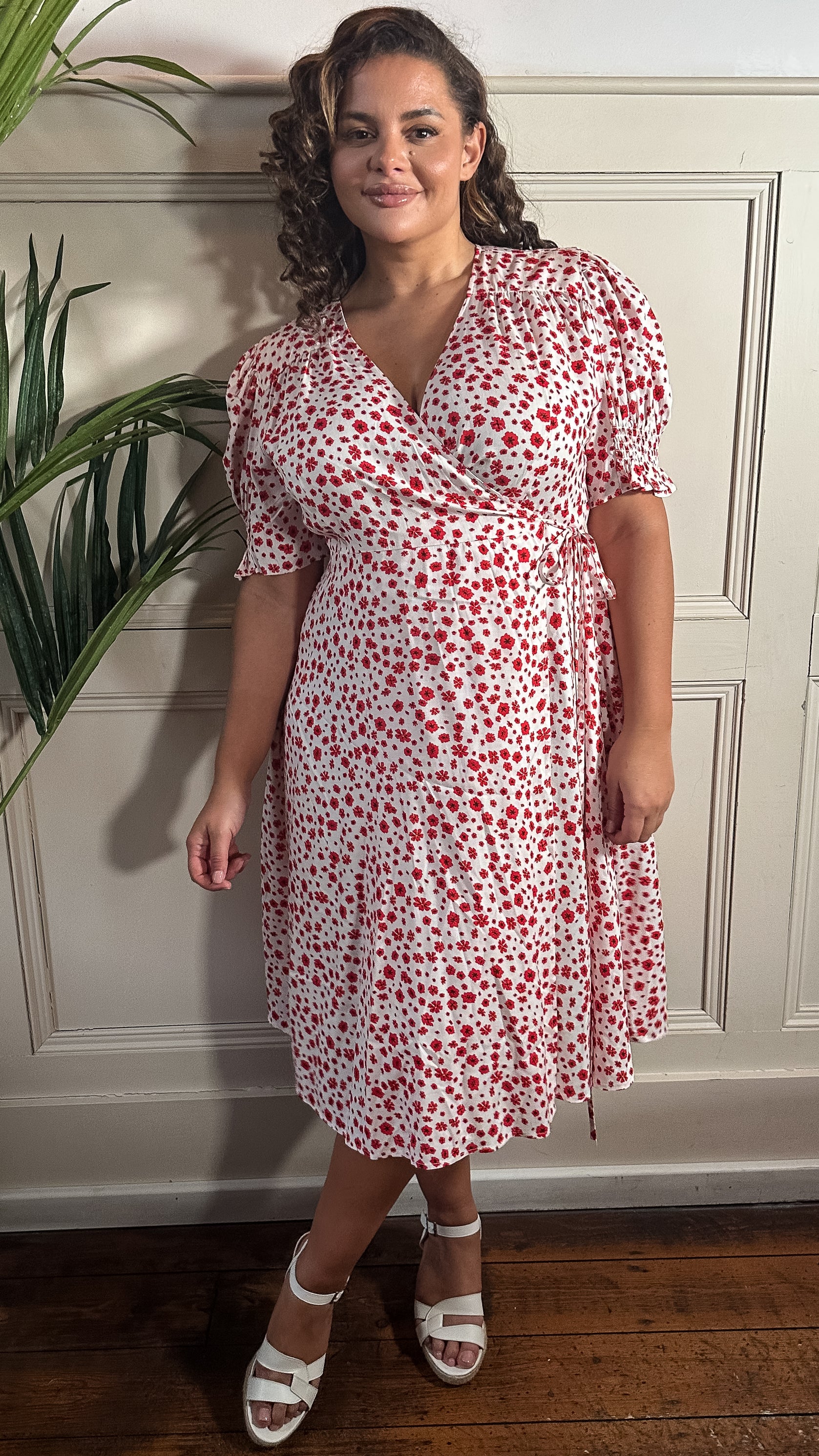 CurveWow Printed Puff Sleeve Wrap Midi Dress Red Floral