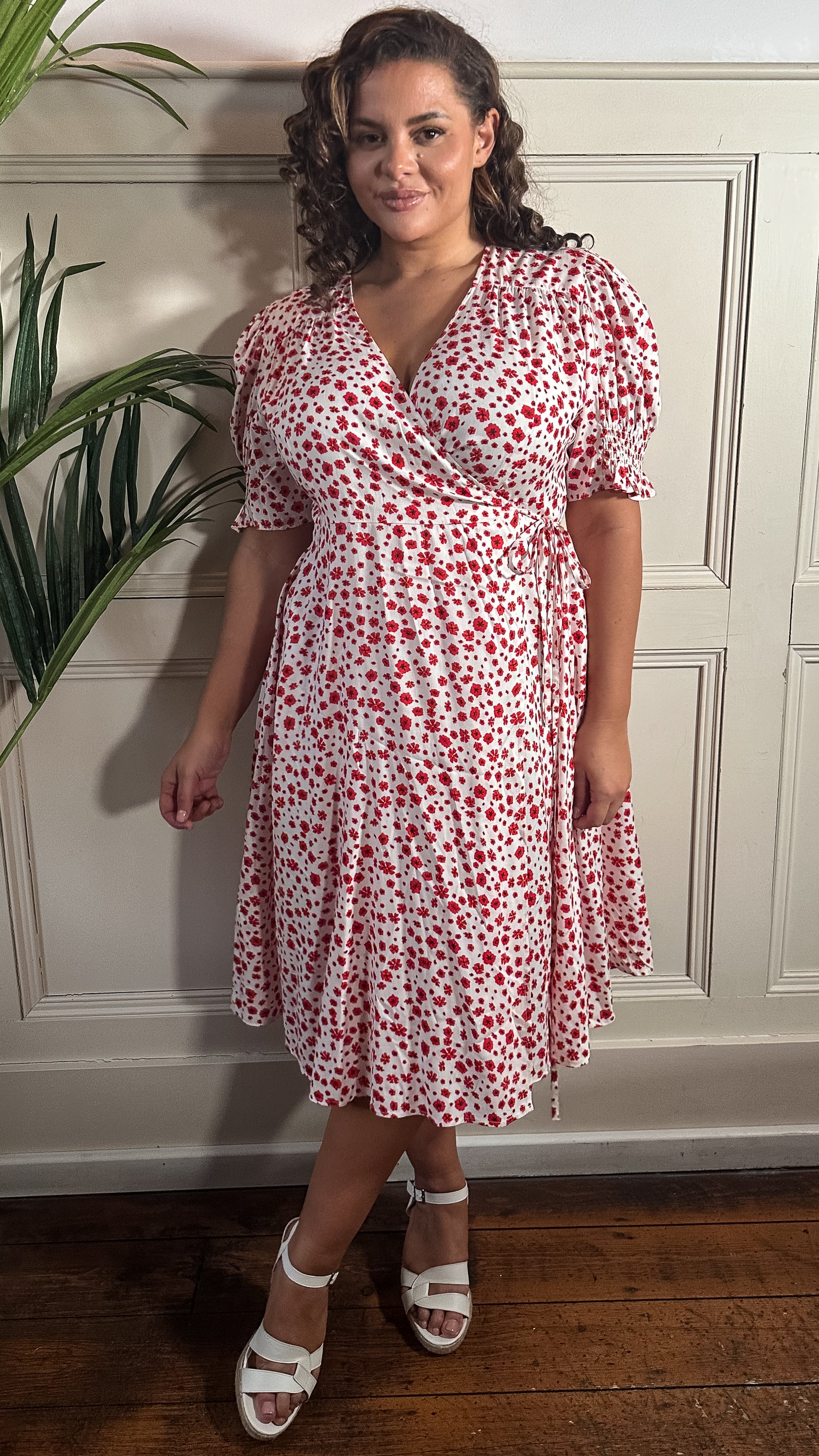 CurveWow Printed Puff Sleeve Wrap Midi Dress Red Floral