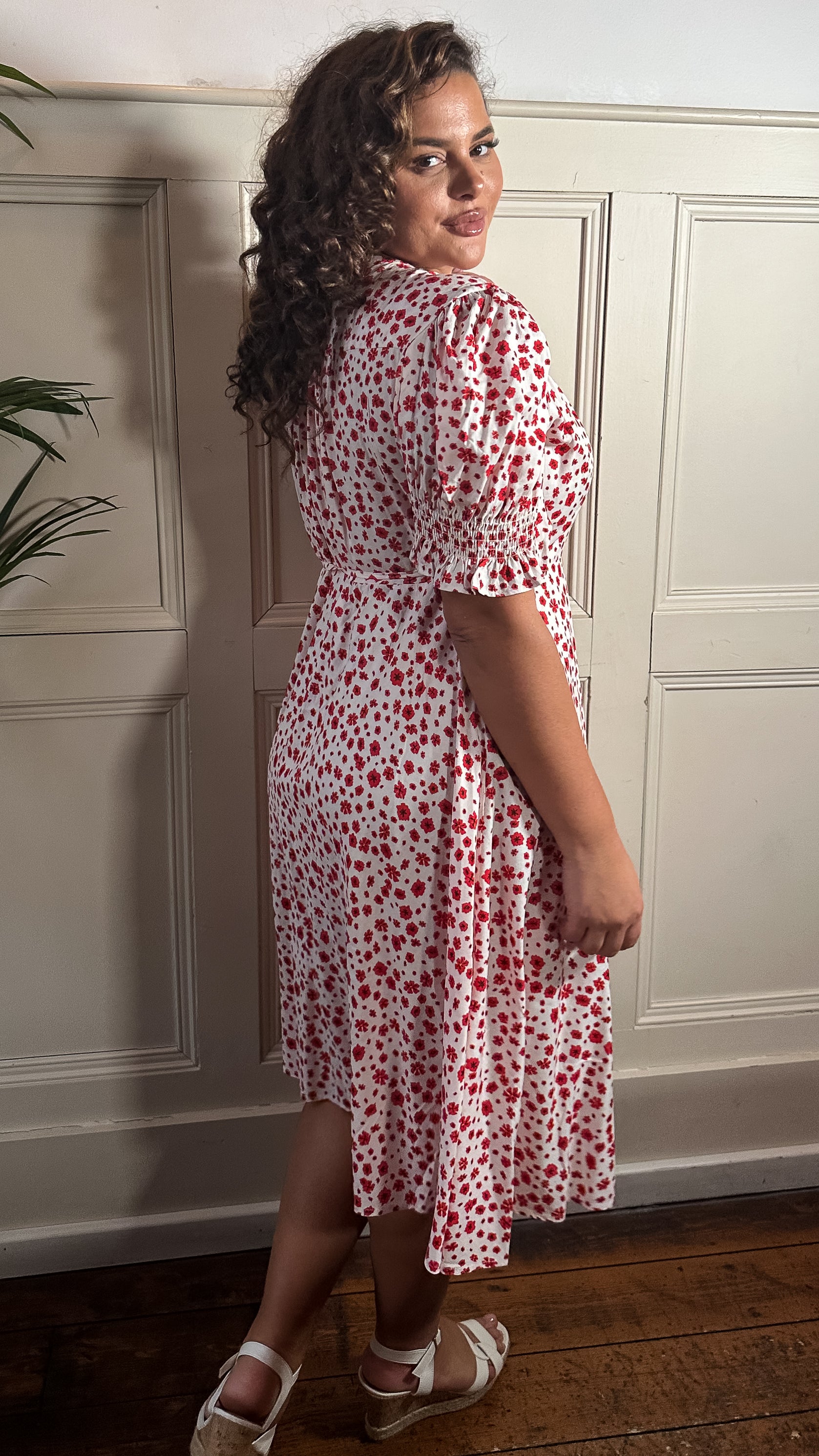 CurveWow Printed Puff Sleeve Wrap Midi Dress Red Floral