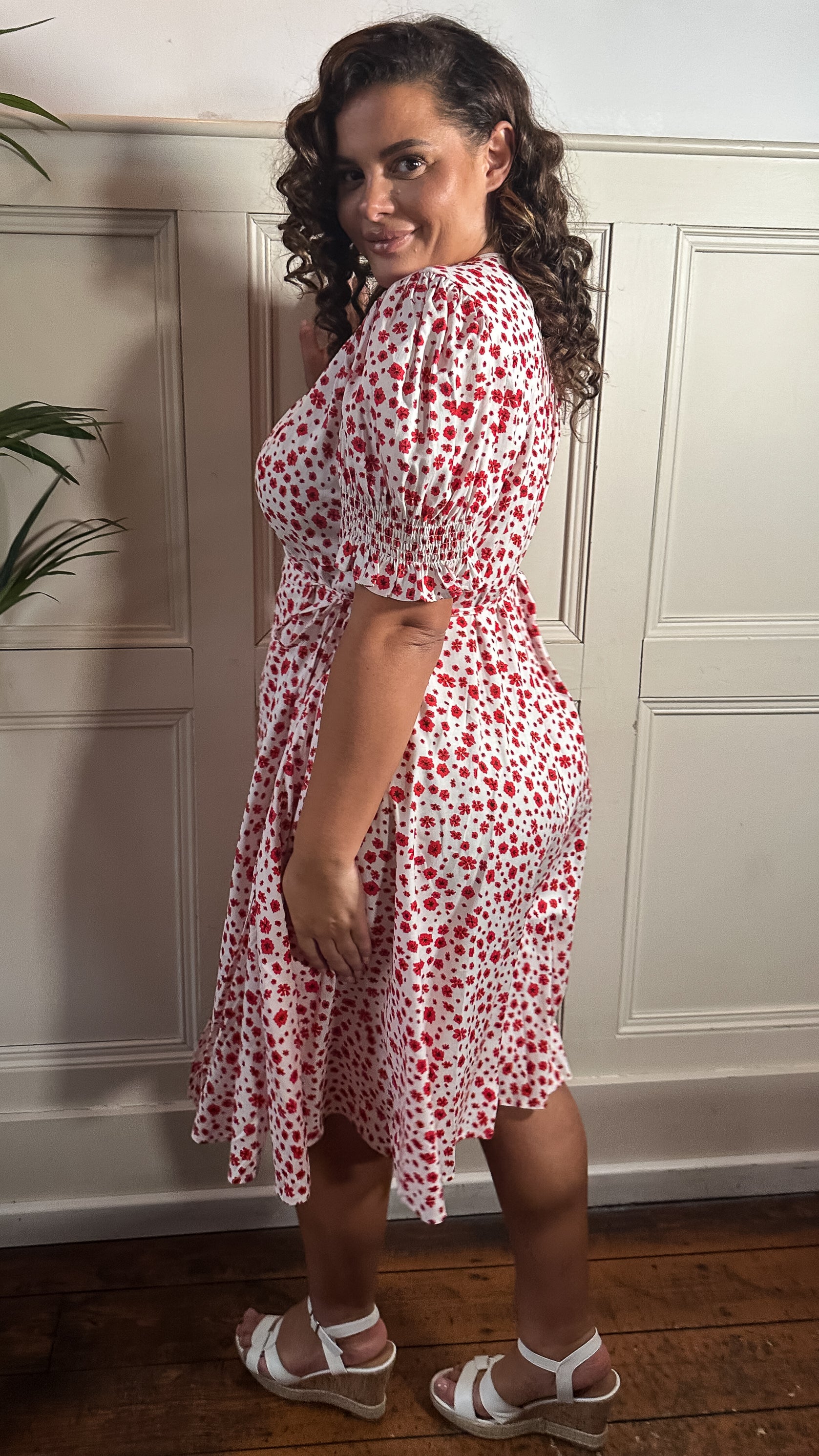 CurveWow Printed Puff Sleeve Wrap Midi Dress Red Floral