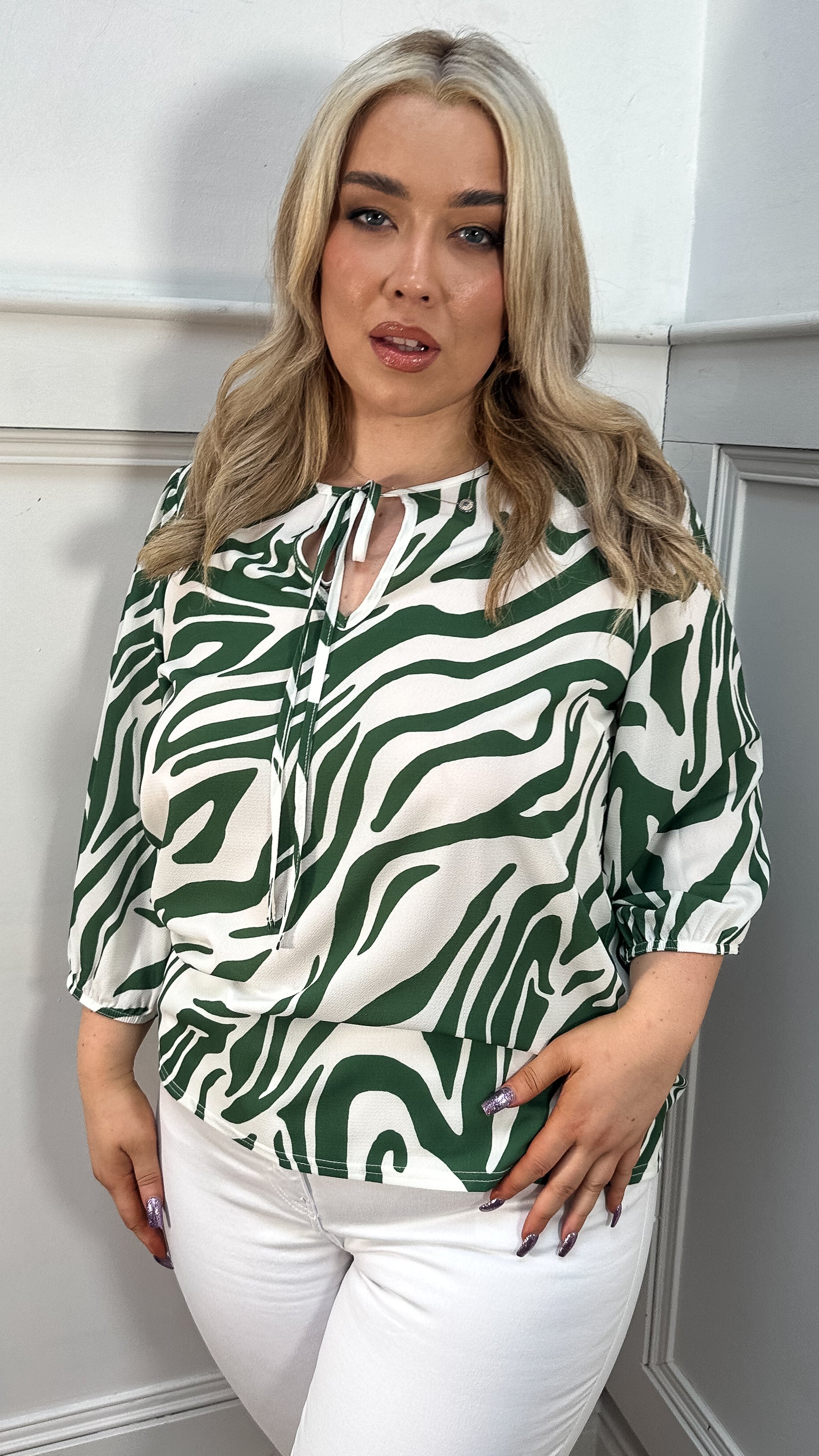 CurveWow Keyhole Tie Front Top Green Zebra