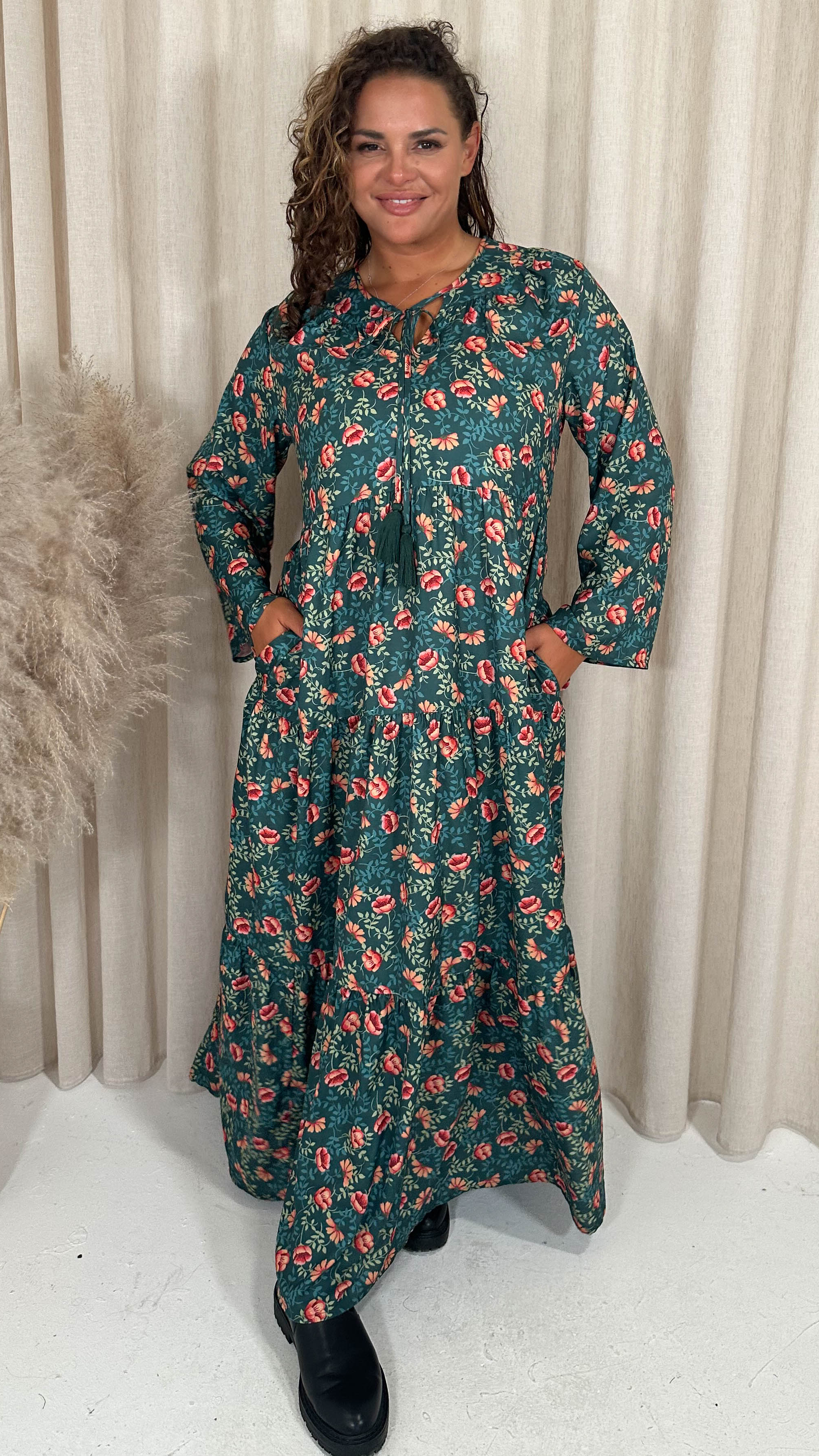 CurveWow Tassel Tiered Maxi Dress Green Floral