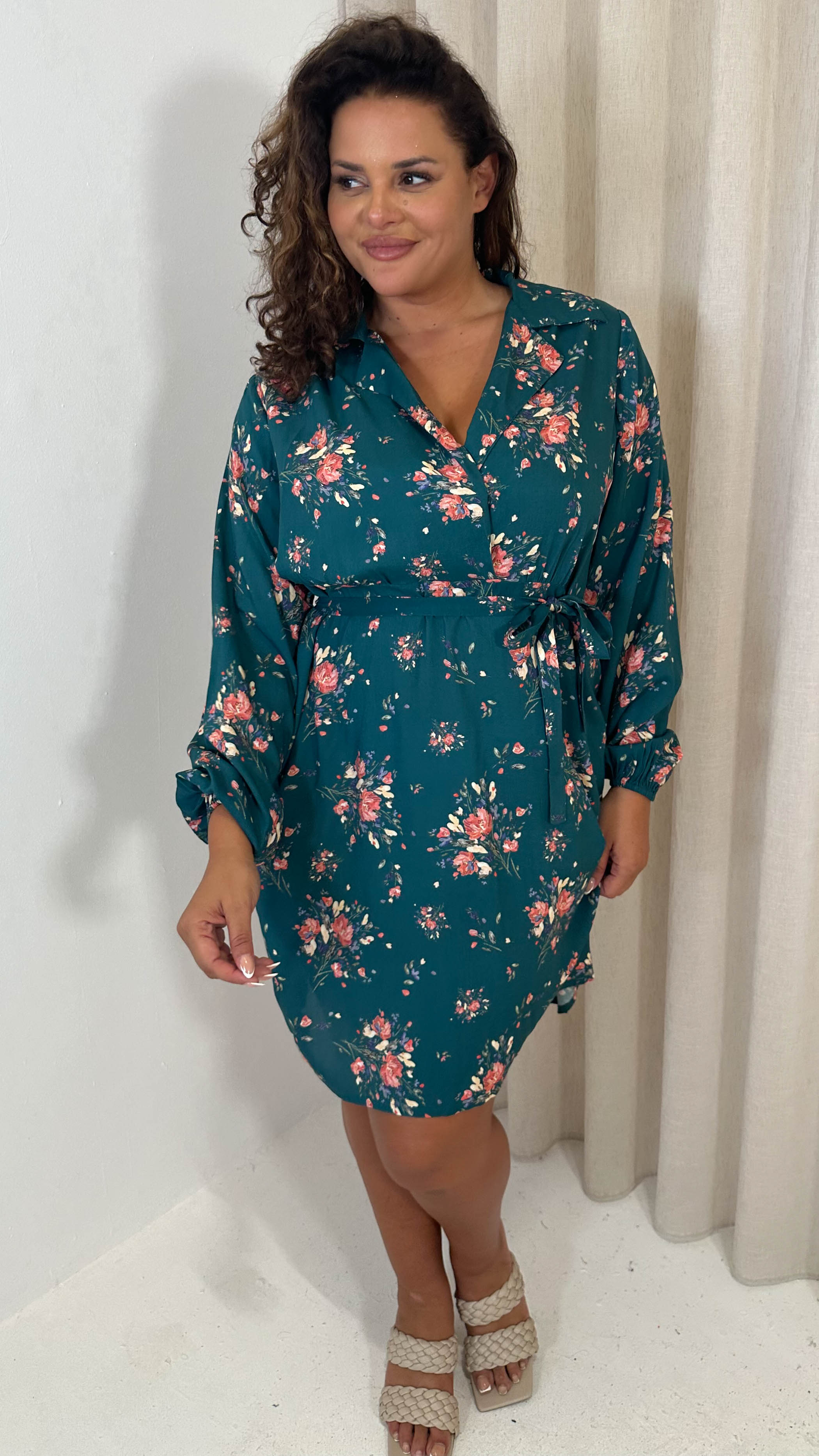 CurveWow Tie Waist Shirt Mini Dress Teal Floral