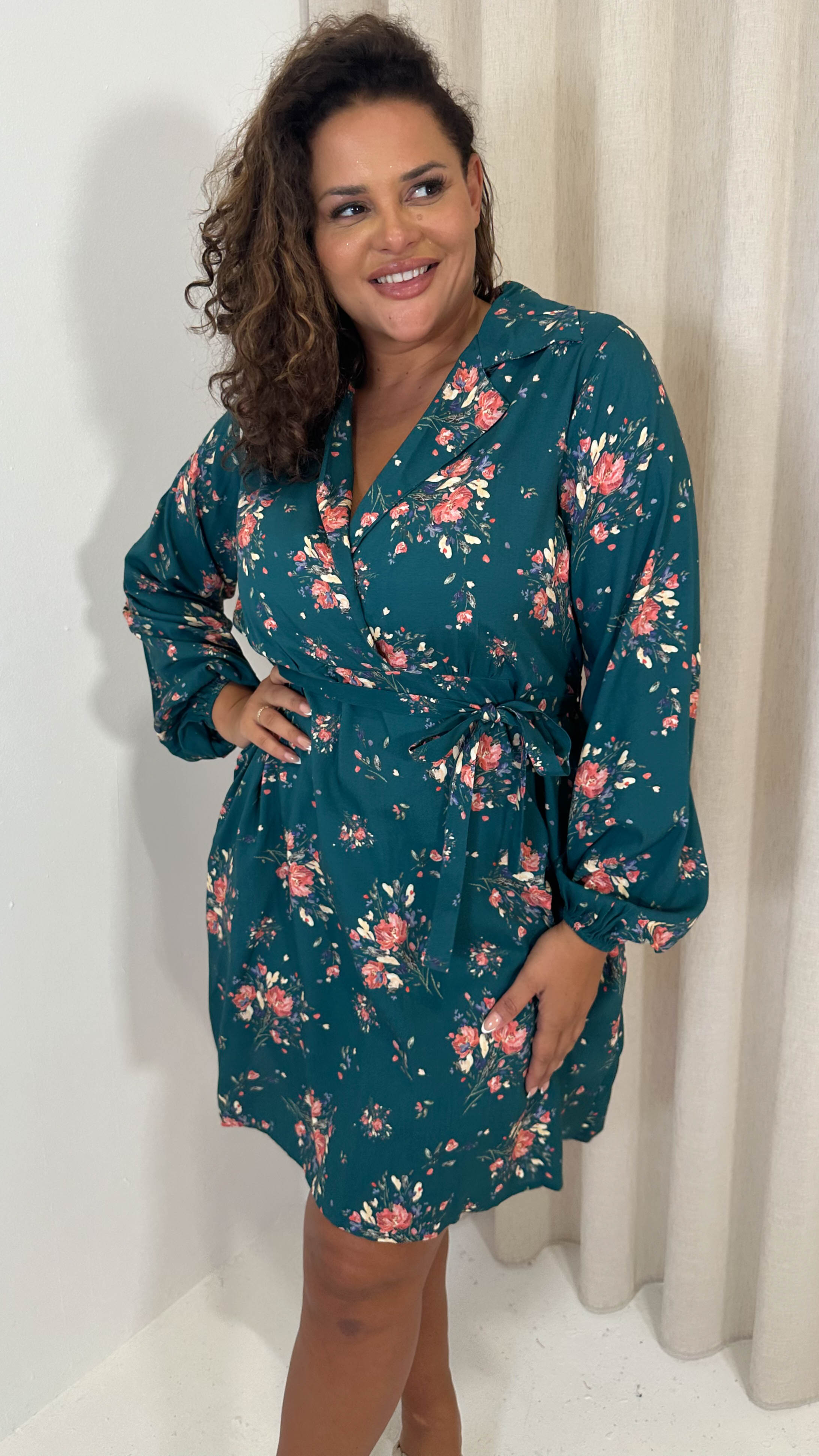 CurveWow Tie Waist Shirt Mini Dress Teal Floral