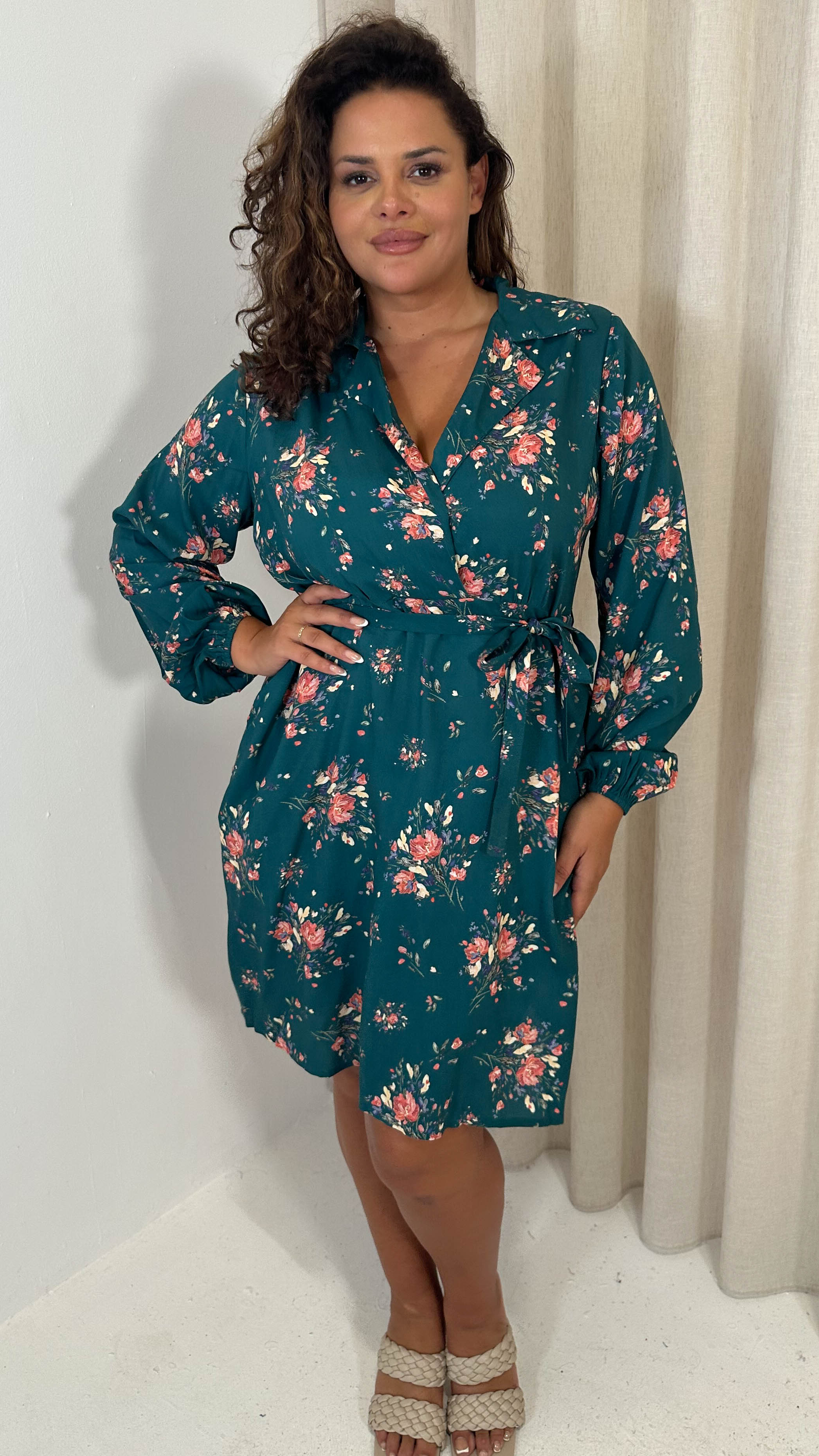 CurveWow Tie Waist Shirt Mini Dress Teal Floral
