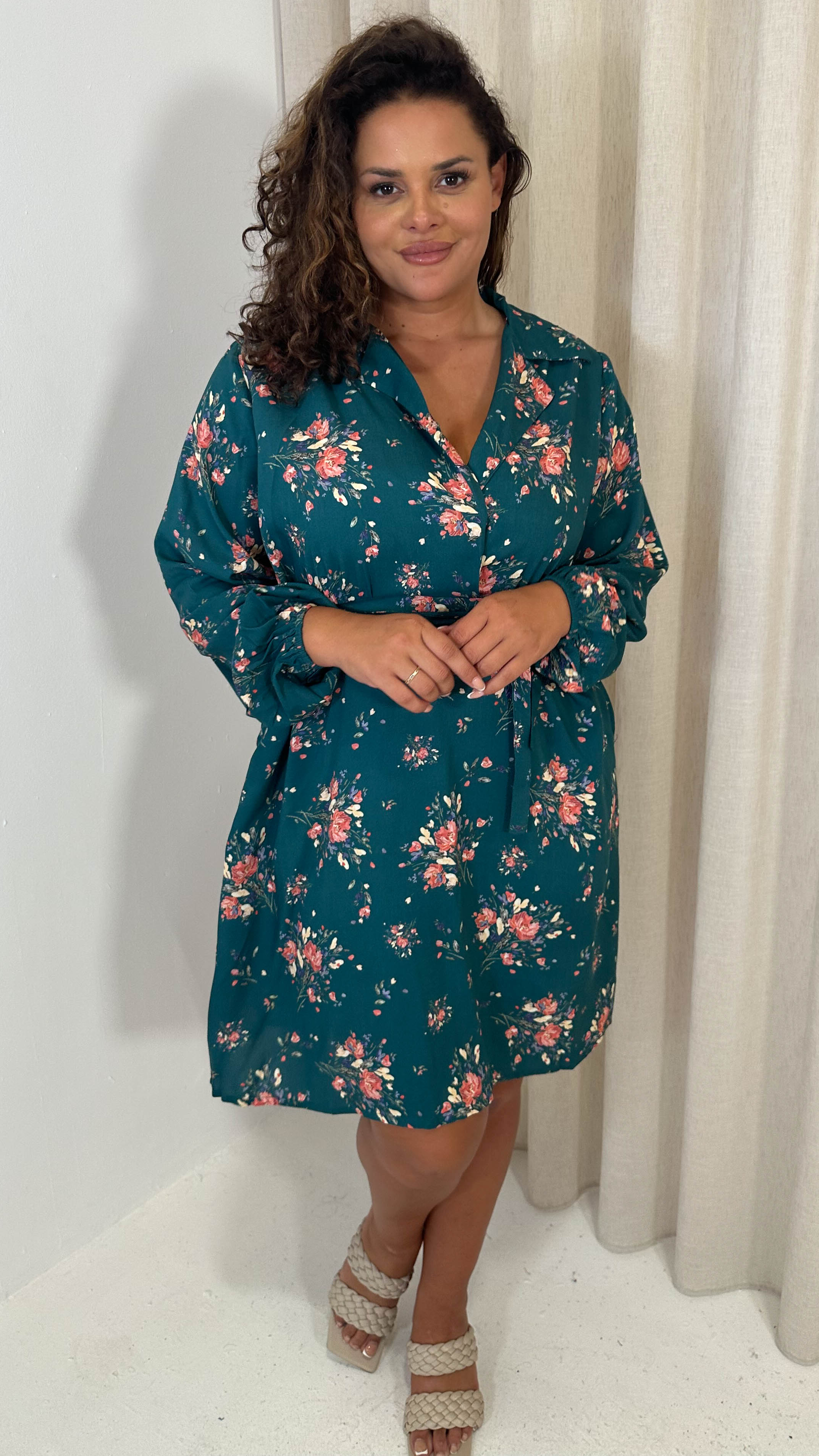 CurveWow Tie Waist Shirt Mini Dress Teal Floral