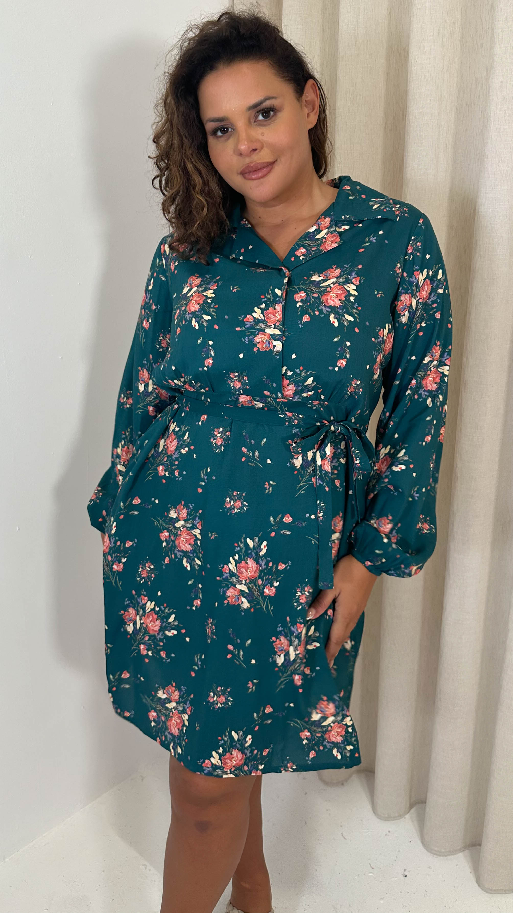 CurveWow Tie Waist Shirt Mini Dress Teal Floral