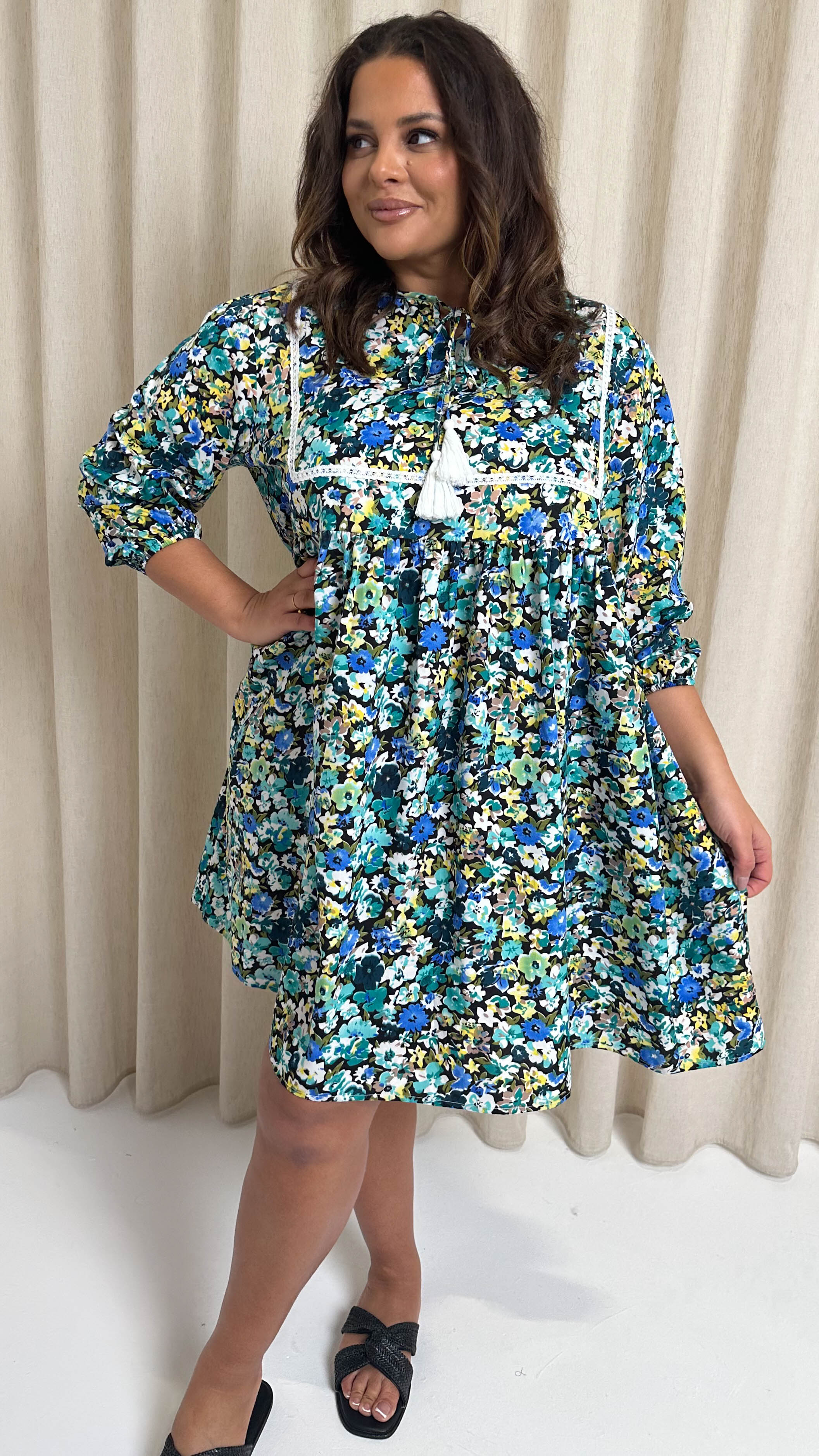 CurveWow Printed Lace Insert Smock Dress Blue Multi Floral