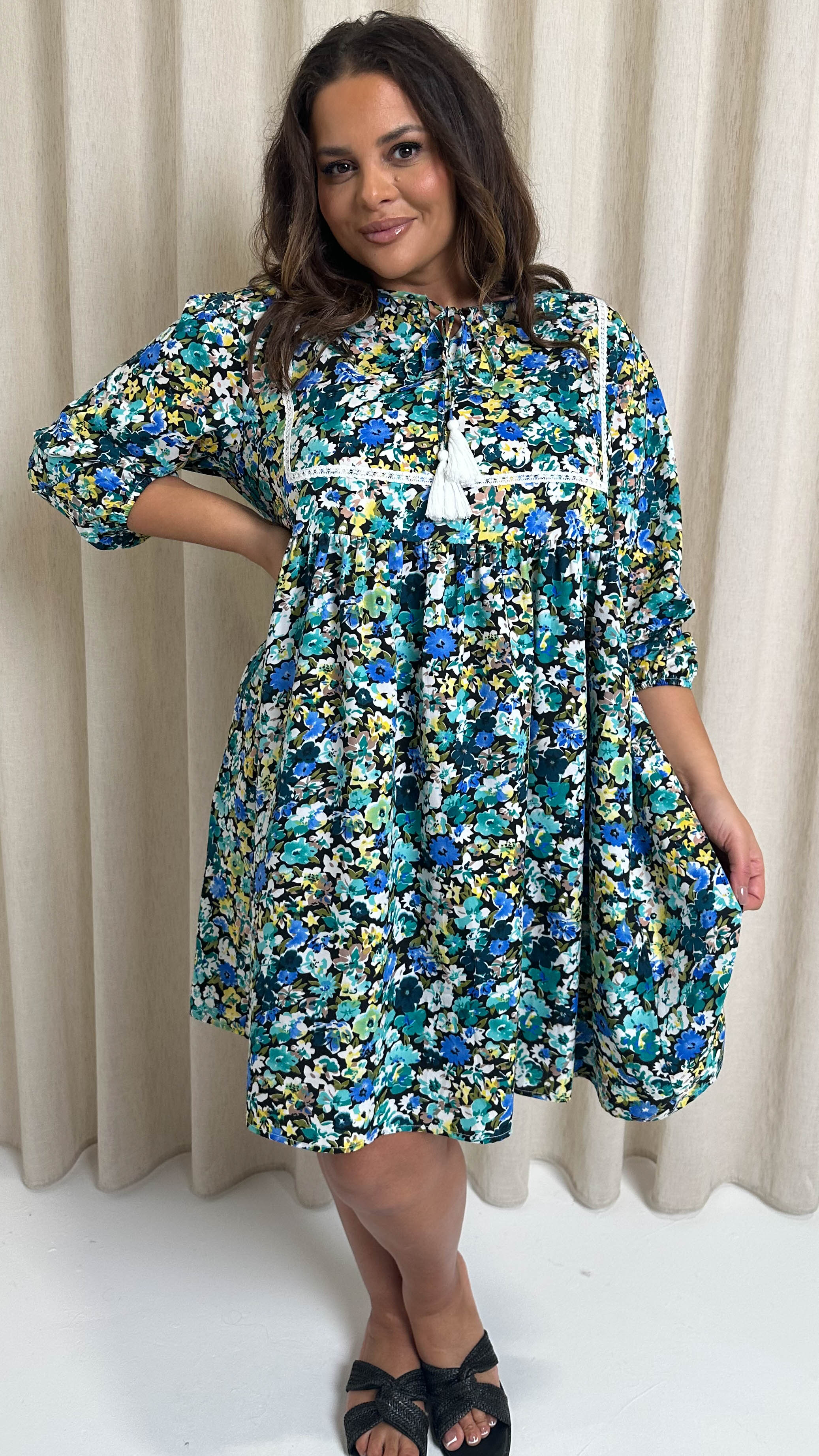 CurveWow Printed Lace Insert Smock Dress Blue Multi Floral