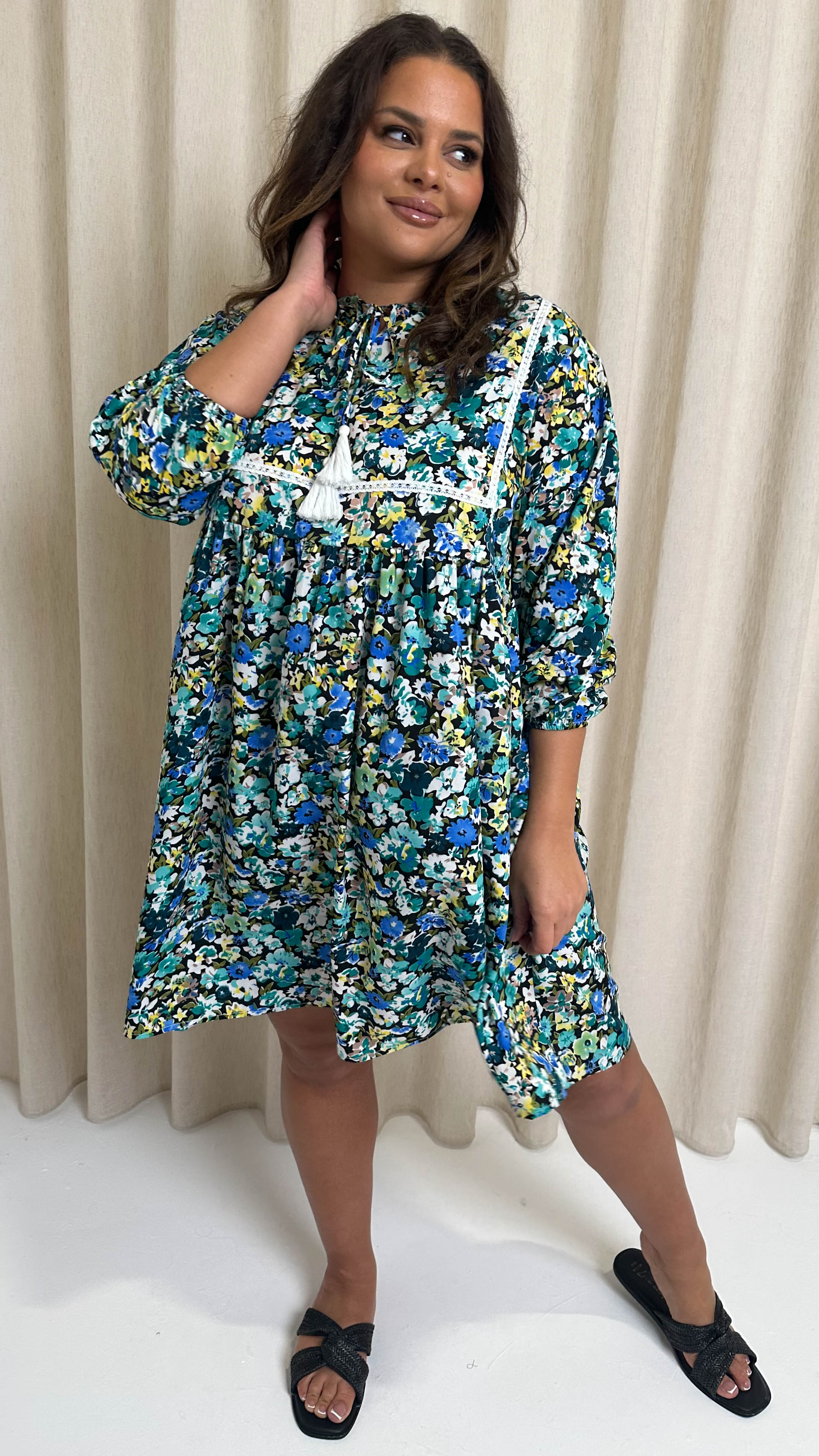 CurveWow Printed Lace Insert Smock Dress Blue Multi Floral