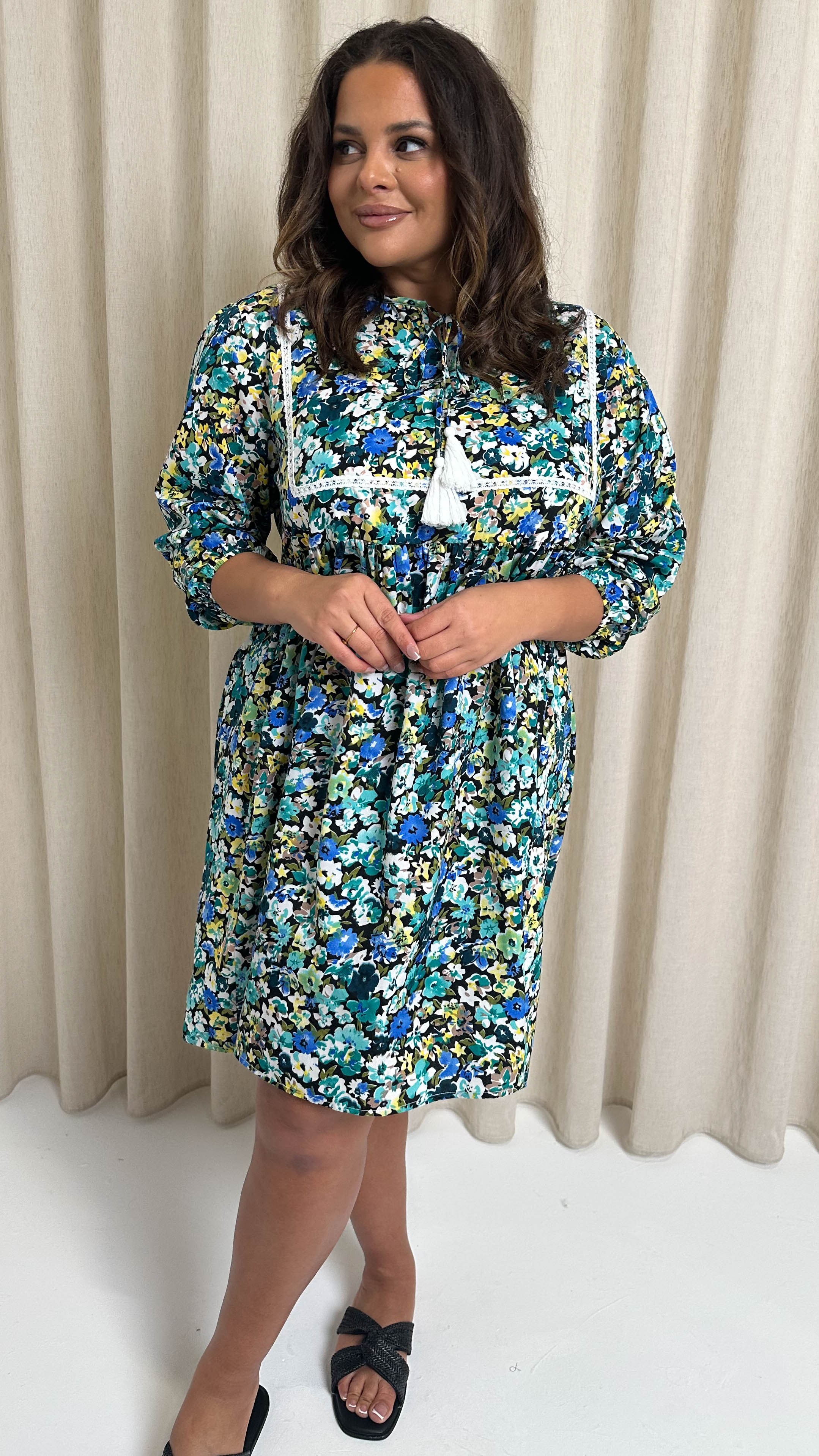 CurveWow Printed Lace Insert Smock Dress Blue Multi Floral