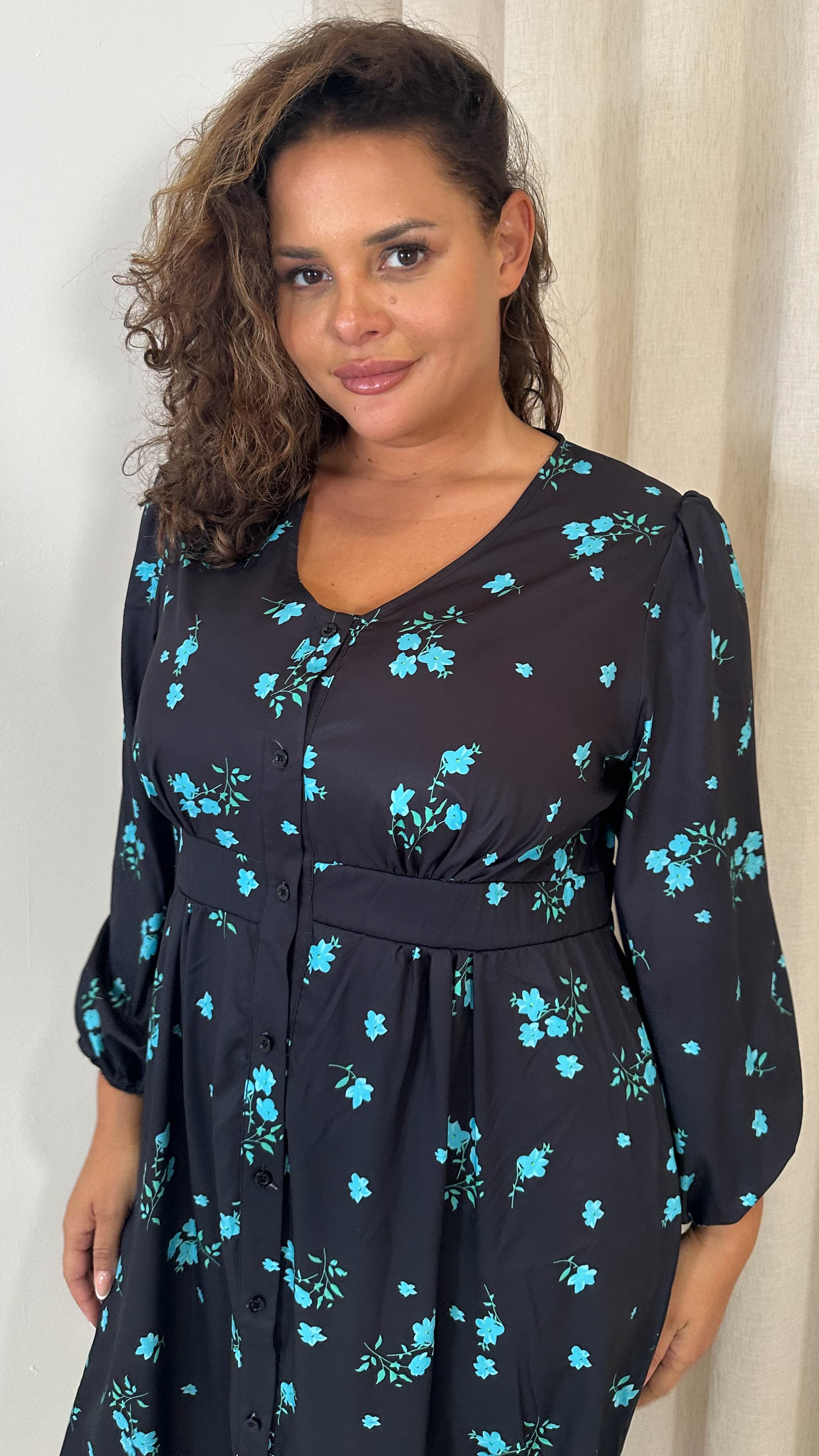 CurveWow Button Front Dress Black Blue Floral