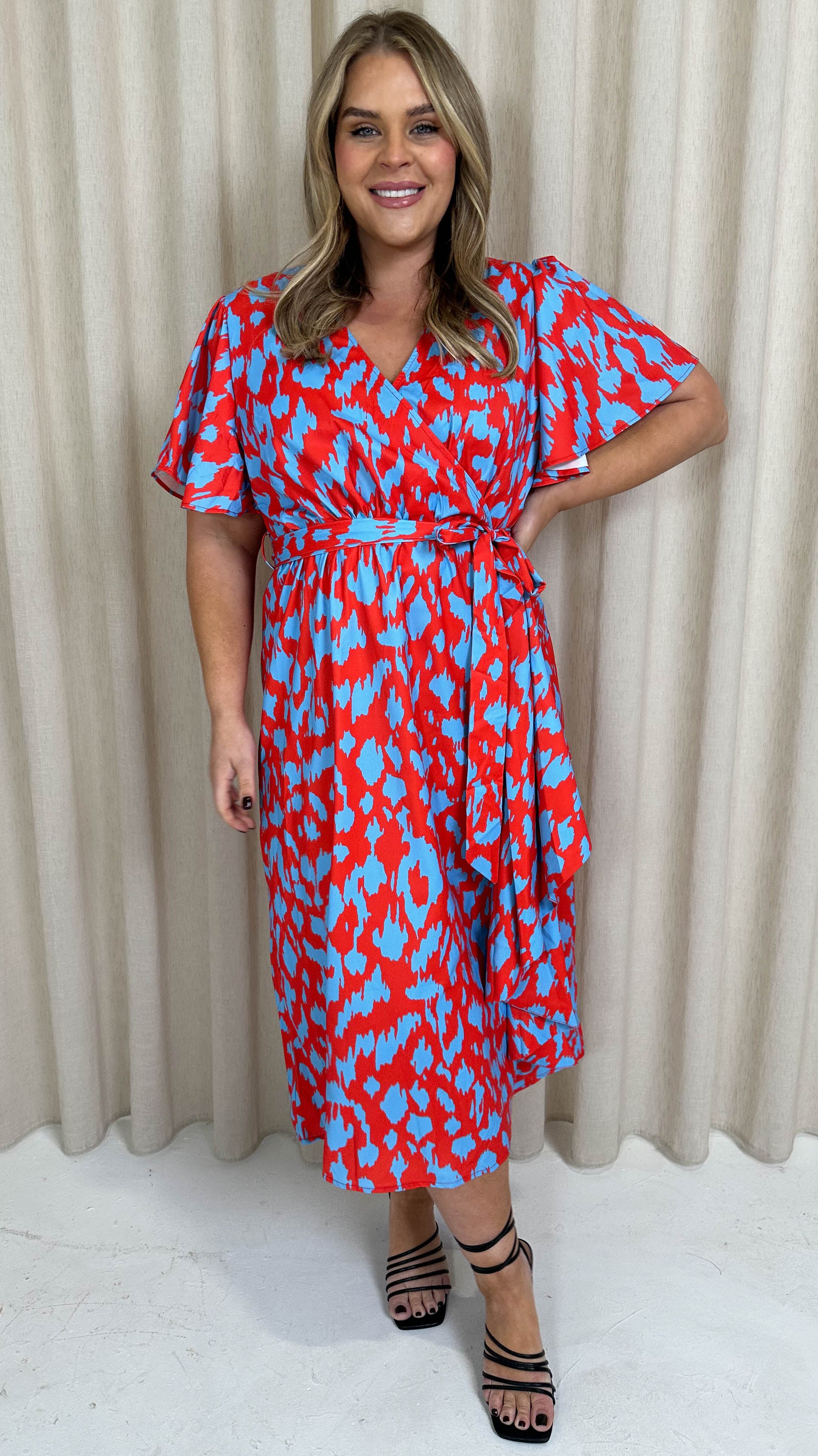 CurveWow Frill Side Angel Sleeve Wrap Midi Dress Red/Blue