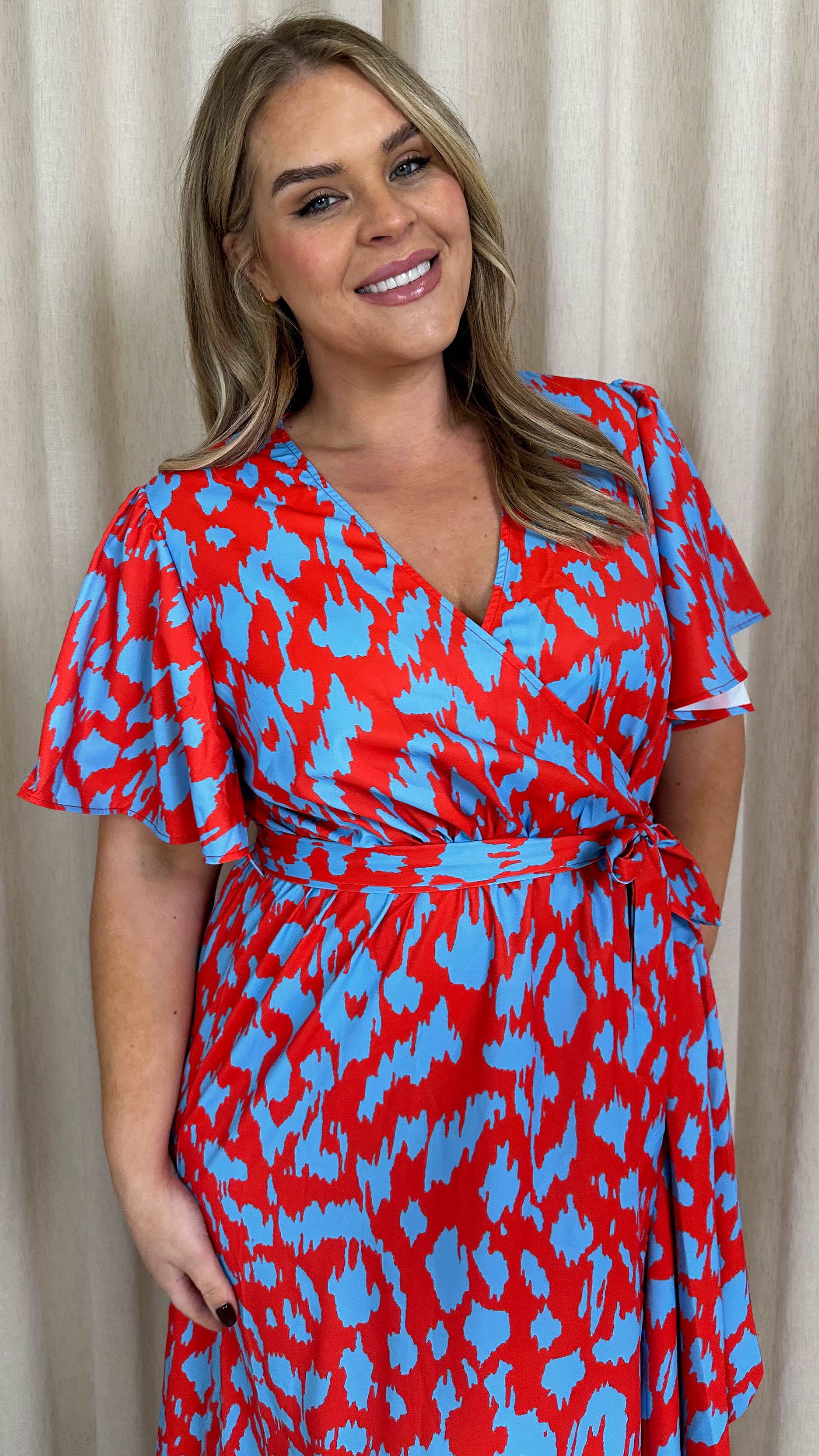 CurveWow Frill Side Angel Sleeve Wrap Midi Dress Red/Blue