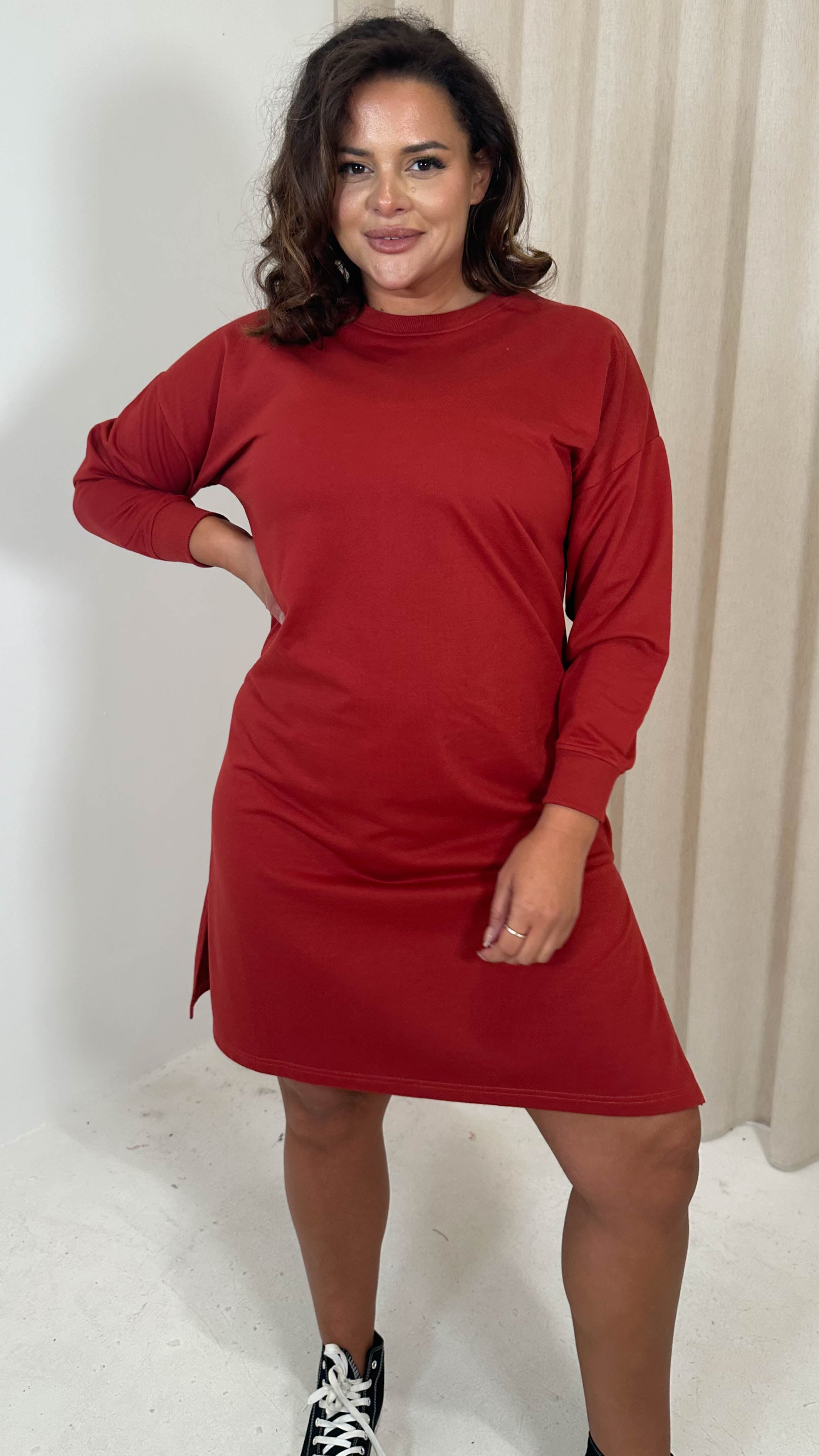 CurveWow Crew Neck Side Split Sweat Dress Rust