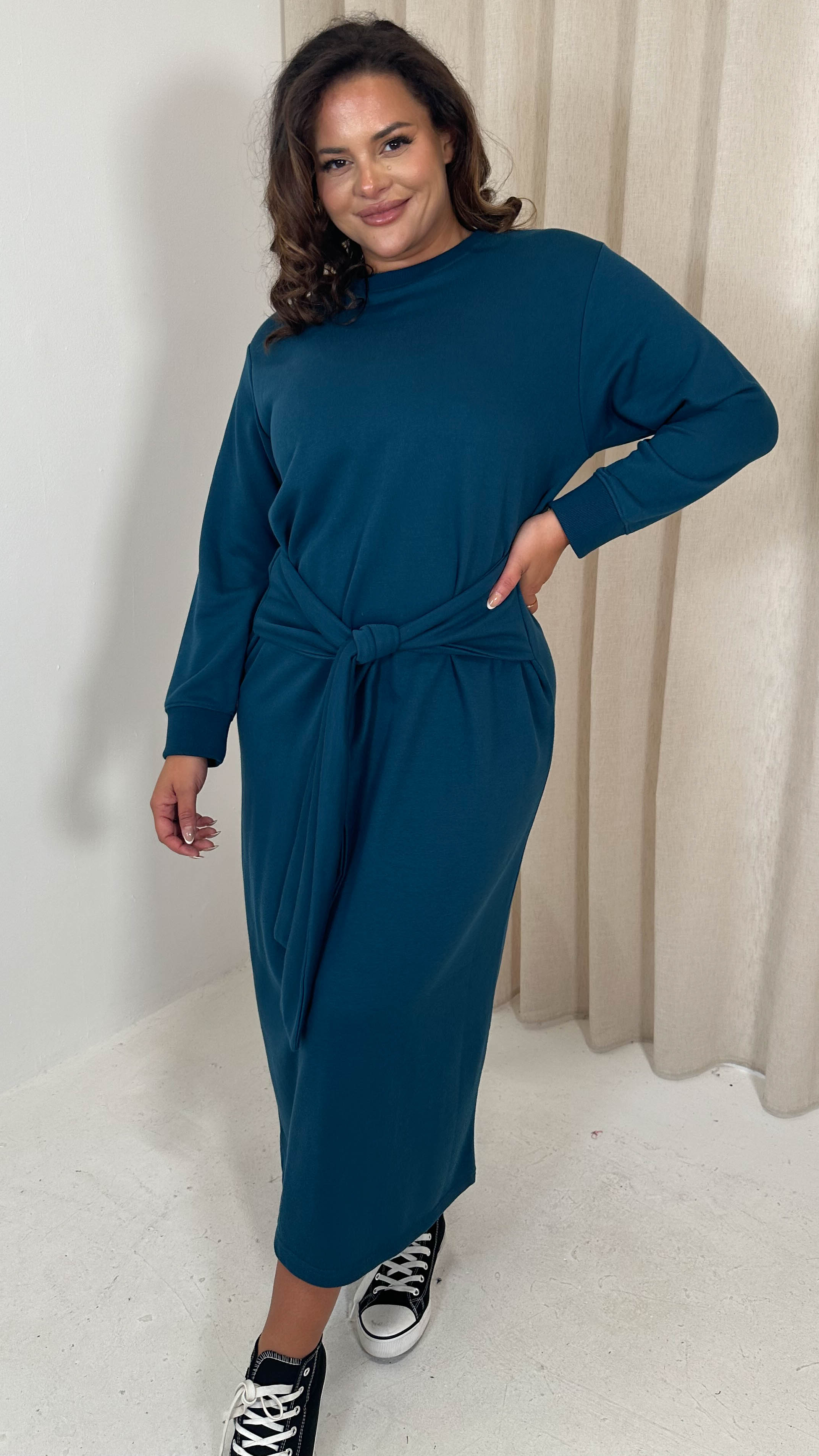 CurveWow Midi Jumper Dress With Tie Waist Dark Teal