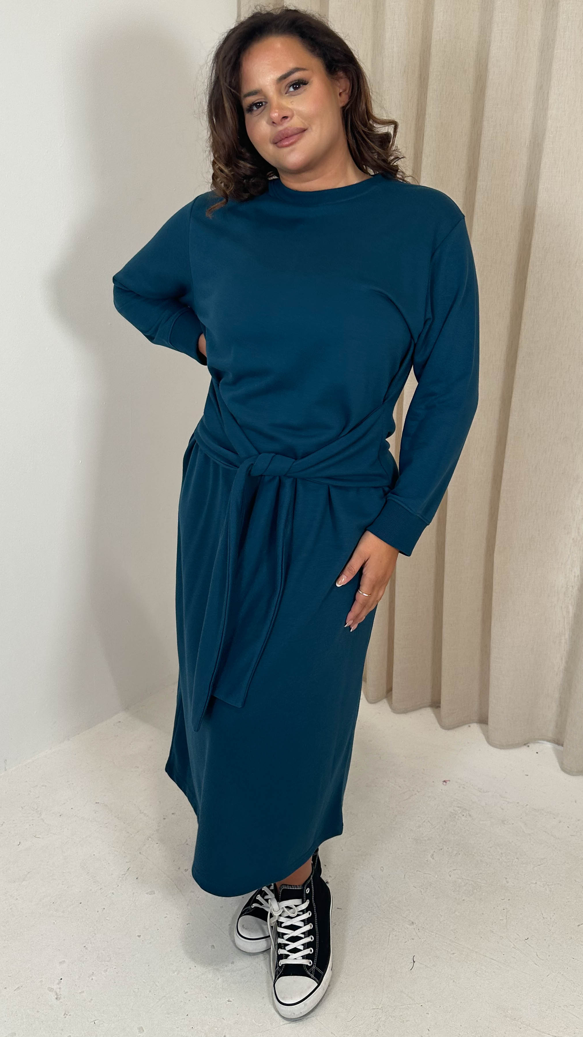 CurveWow Midi Jumper Dress With Tie Waist Dark Teal