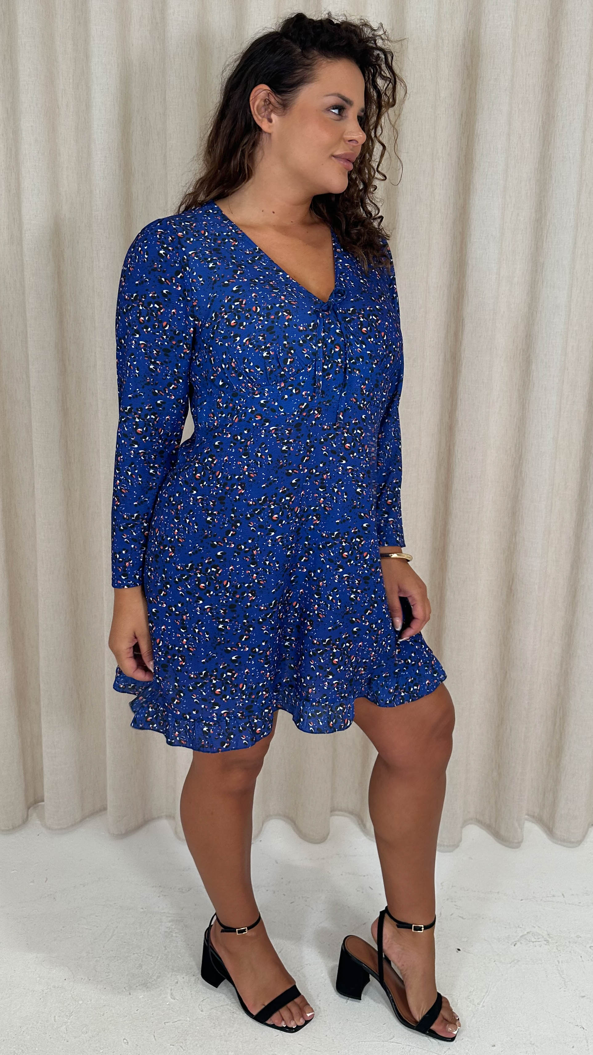 CurveWow Tie Front Mini Dress Blue Animal