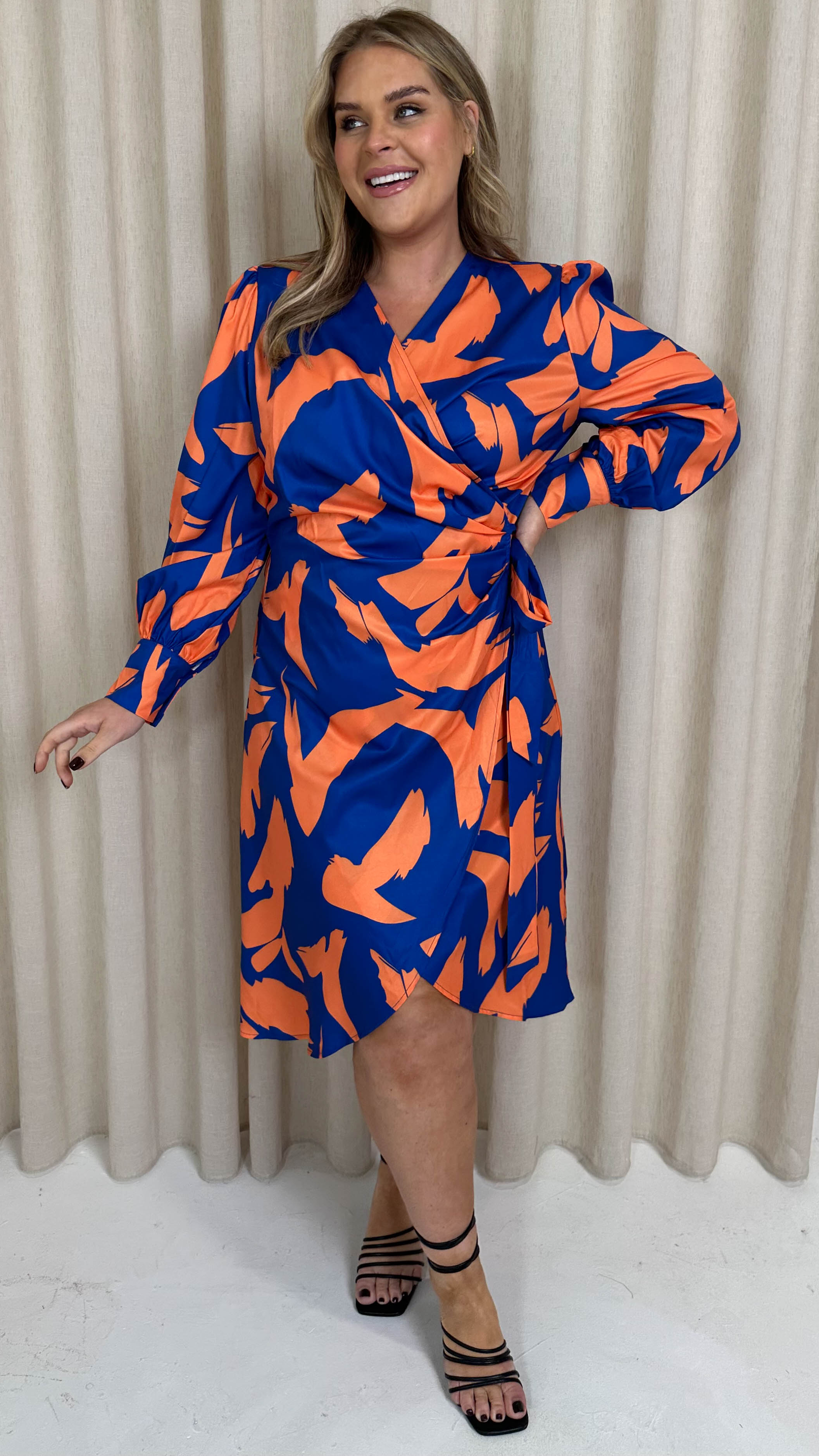 CurveWow Wrap Tie Side Midi Dress Cobalt/Orange