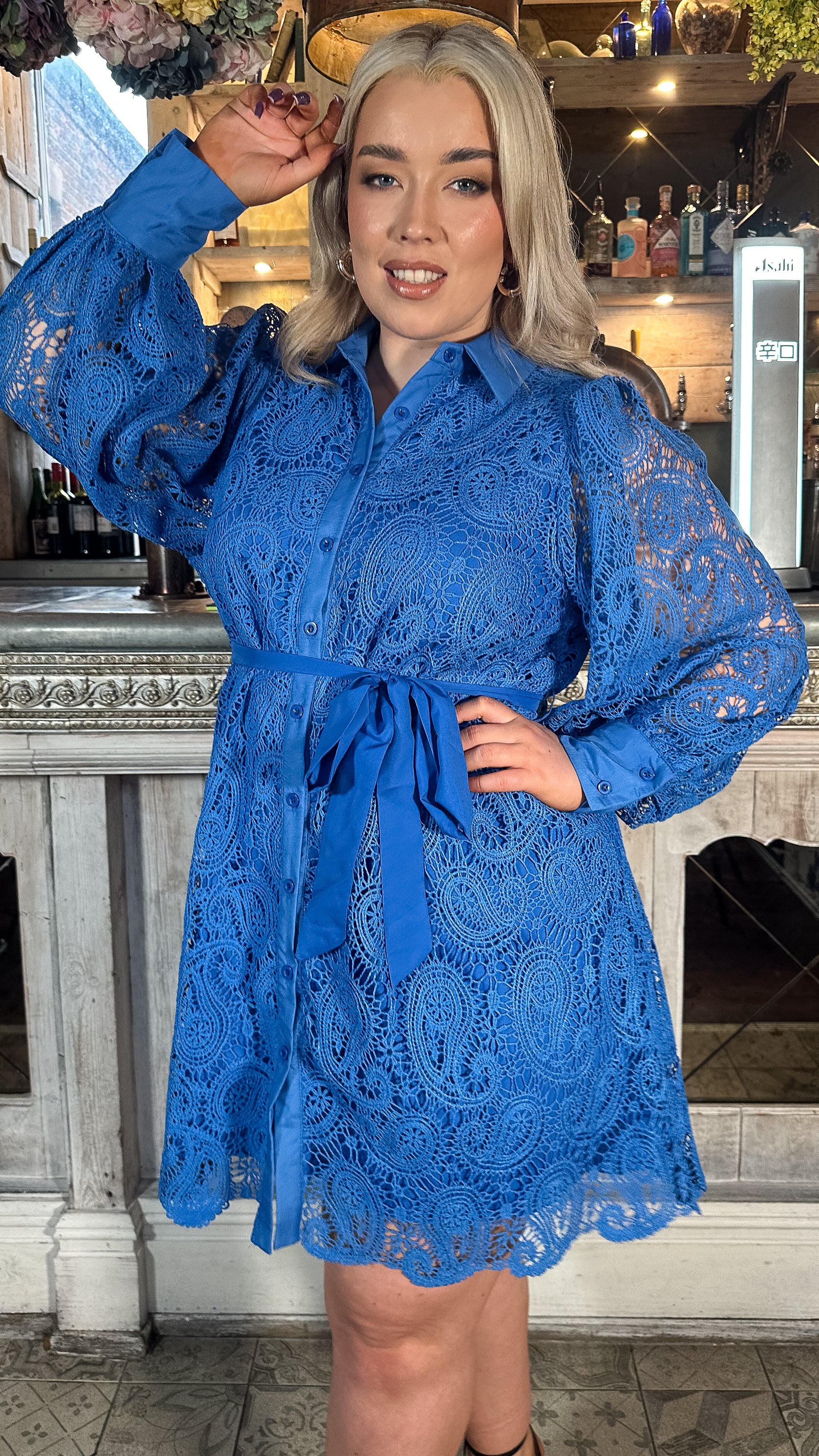 CurveWow Lace Tie Waist Shirt Dress Cobalt Blue