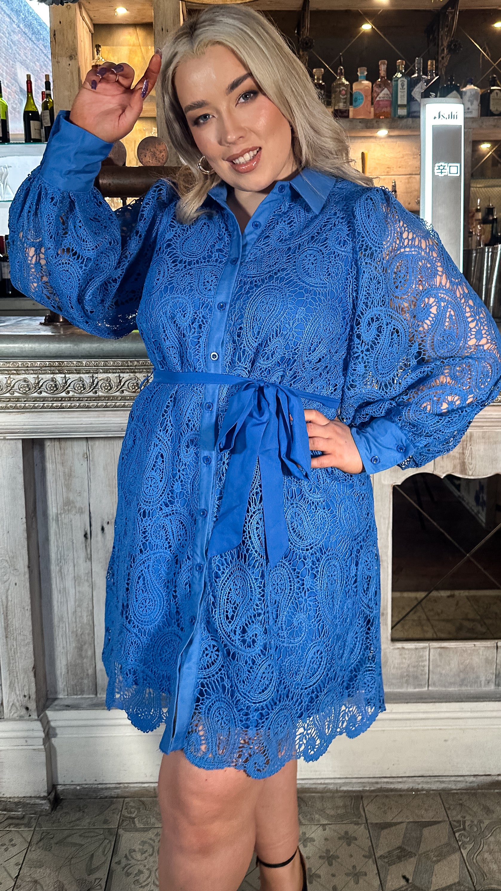 CurveWow Lace Tie Waist Shirt Dress Cobalt Blue