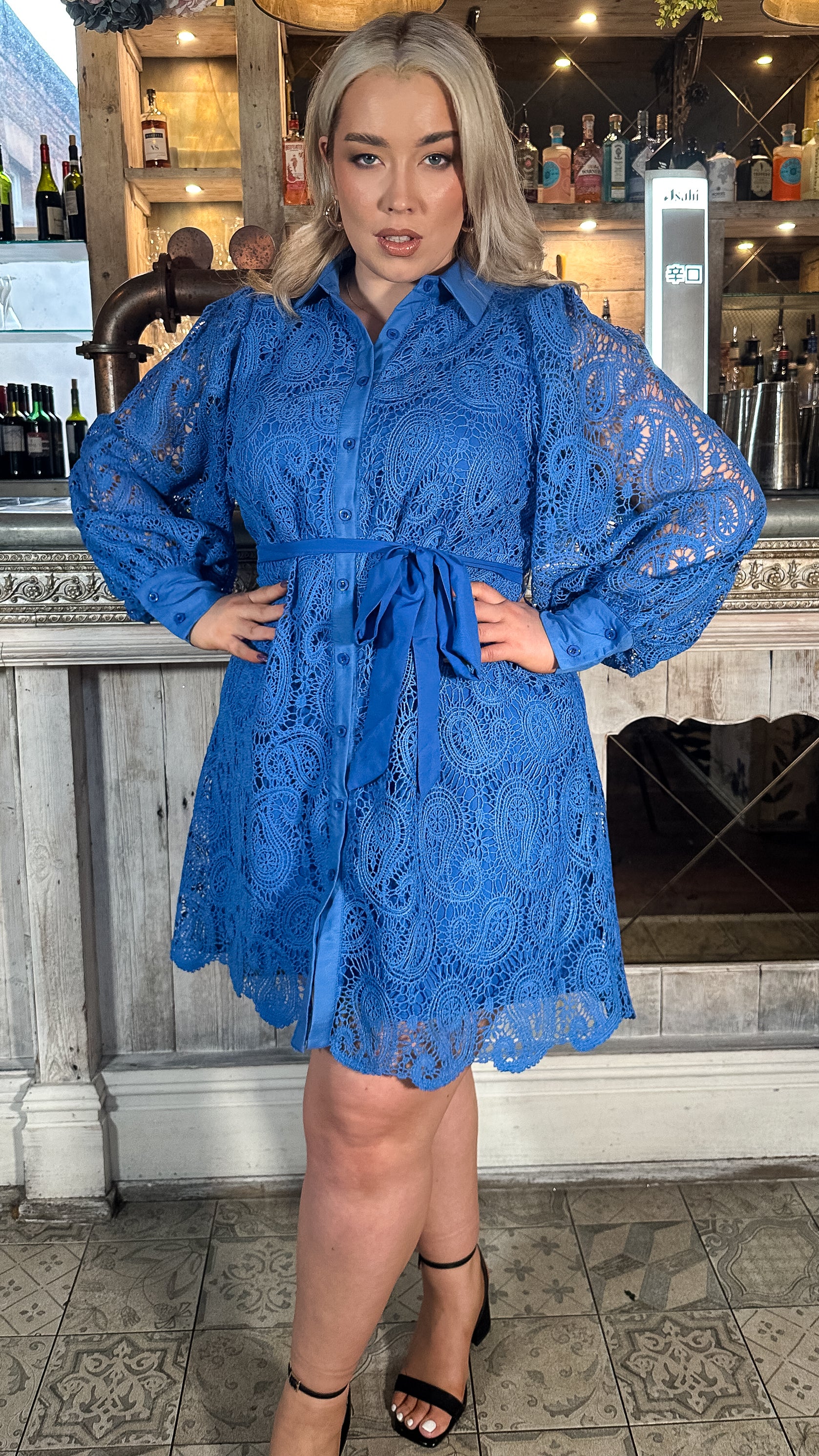 CurveWow Lace Tie Waist Shirt Dress Cobalt Blue