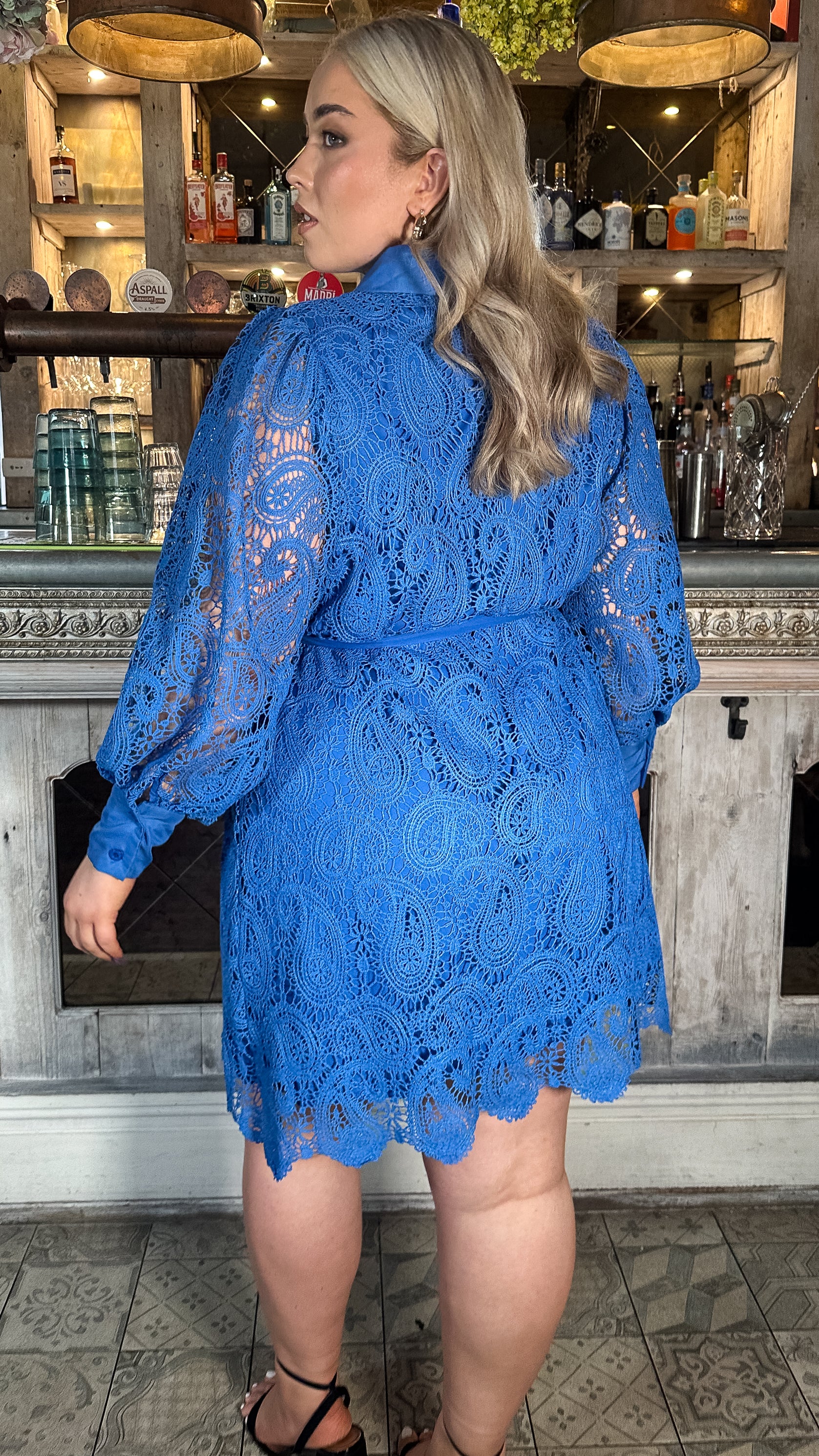 CurveWow Lace Tie Waist Shirt Dress Cobalt Blue