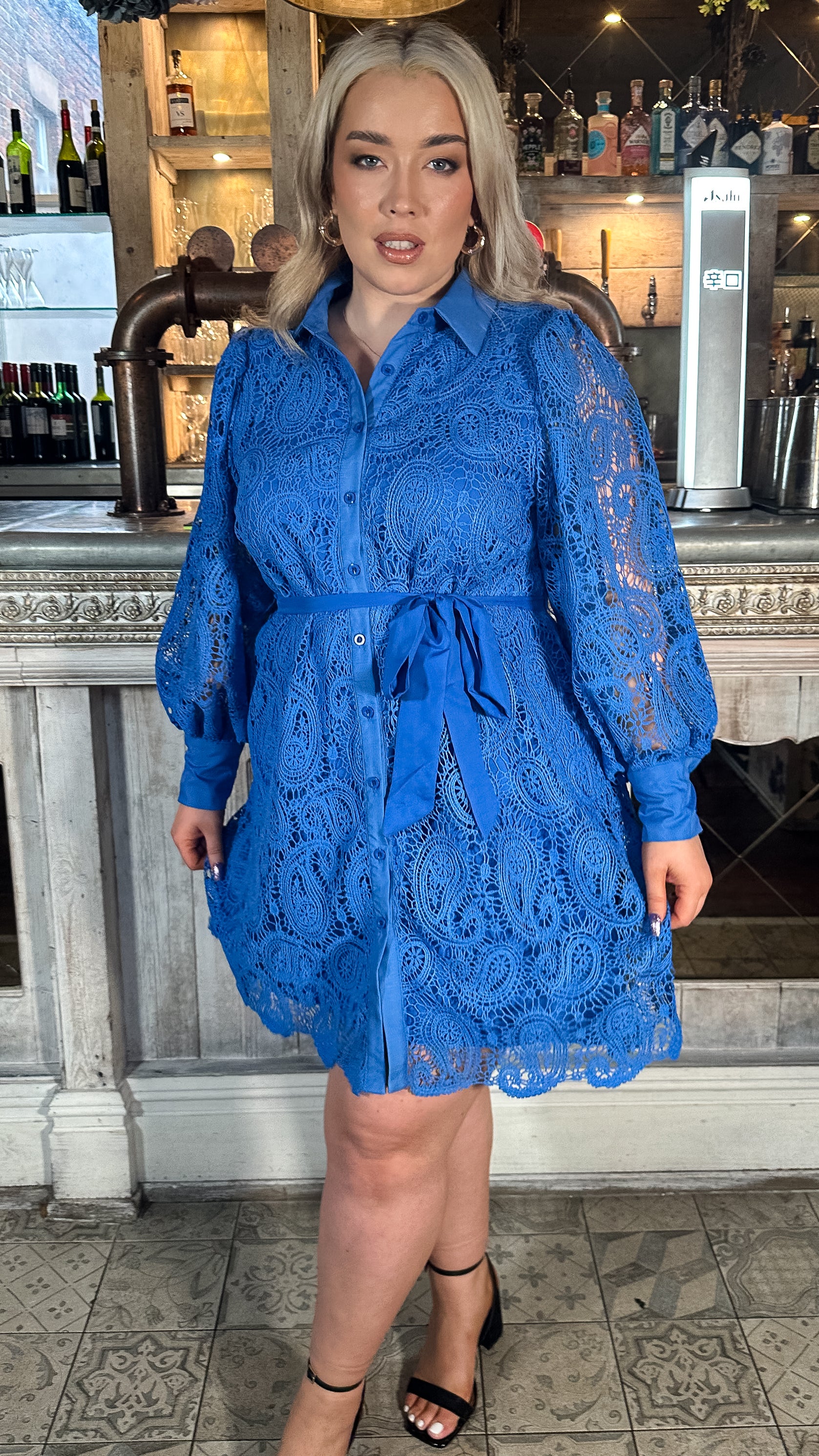 CurveWow Lace Tie Waist Shirt Dress Cobalt Blue